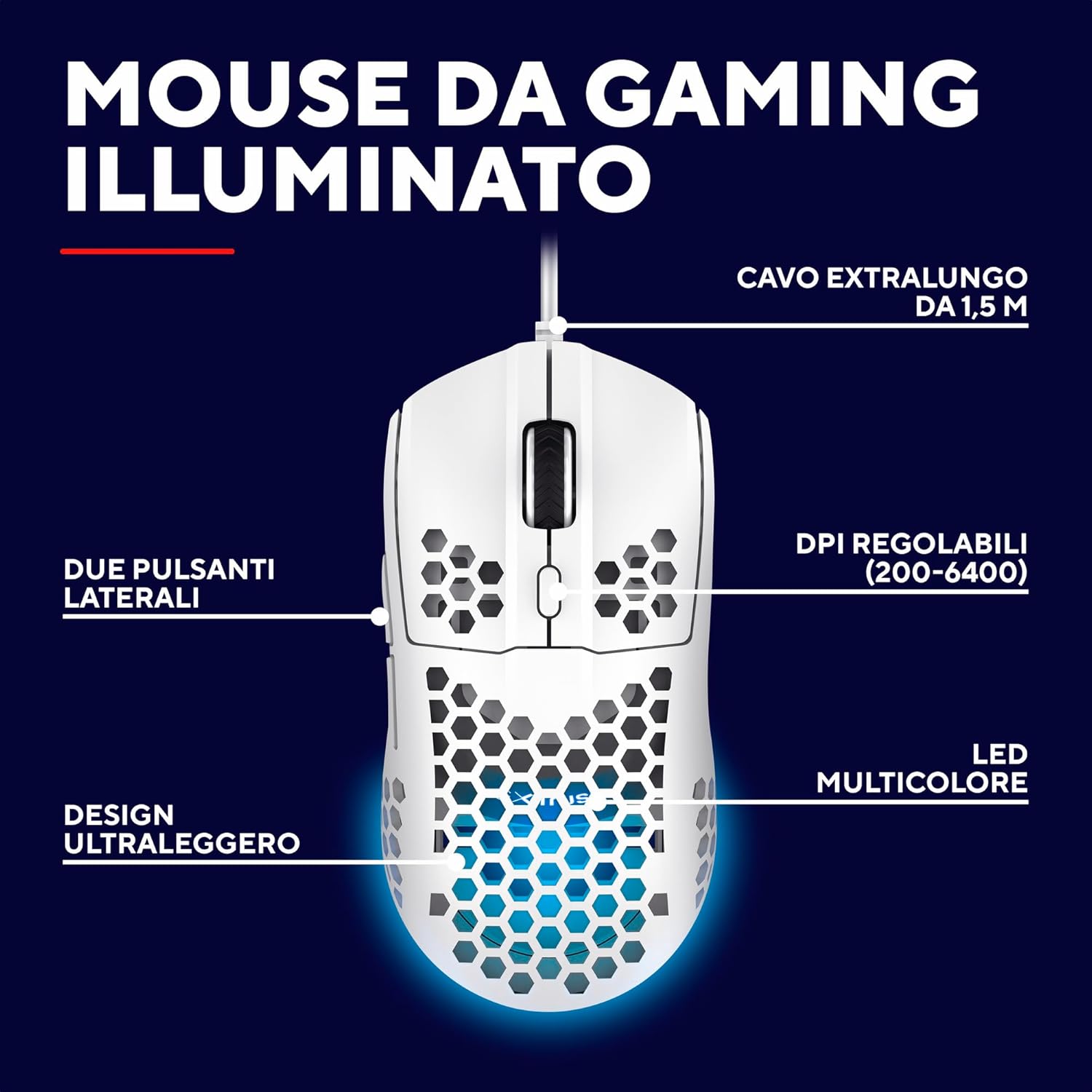 Trust Gaming GXT 928W Helox Mouse Gaming Superleggero 65g con Filo, Regolazione DPI 200-6400 Sensore Ottico, 6 Pulsanti Programmabili, Illuminazione RGB, Mouse da Gaming per PC Desktop Laptop, Bianco Helox - con filo - 6400 DPI Bianco - Immagine 2