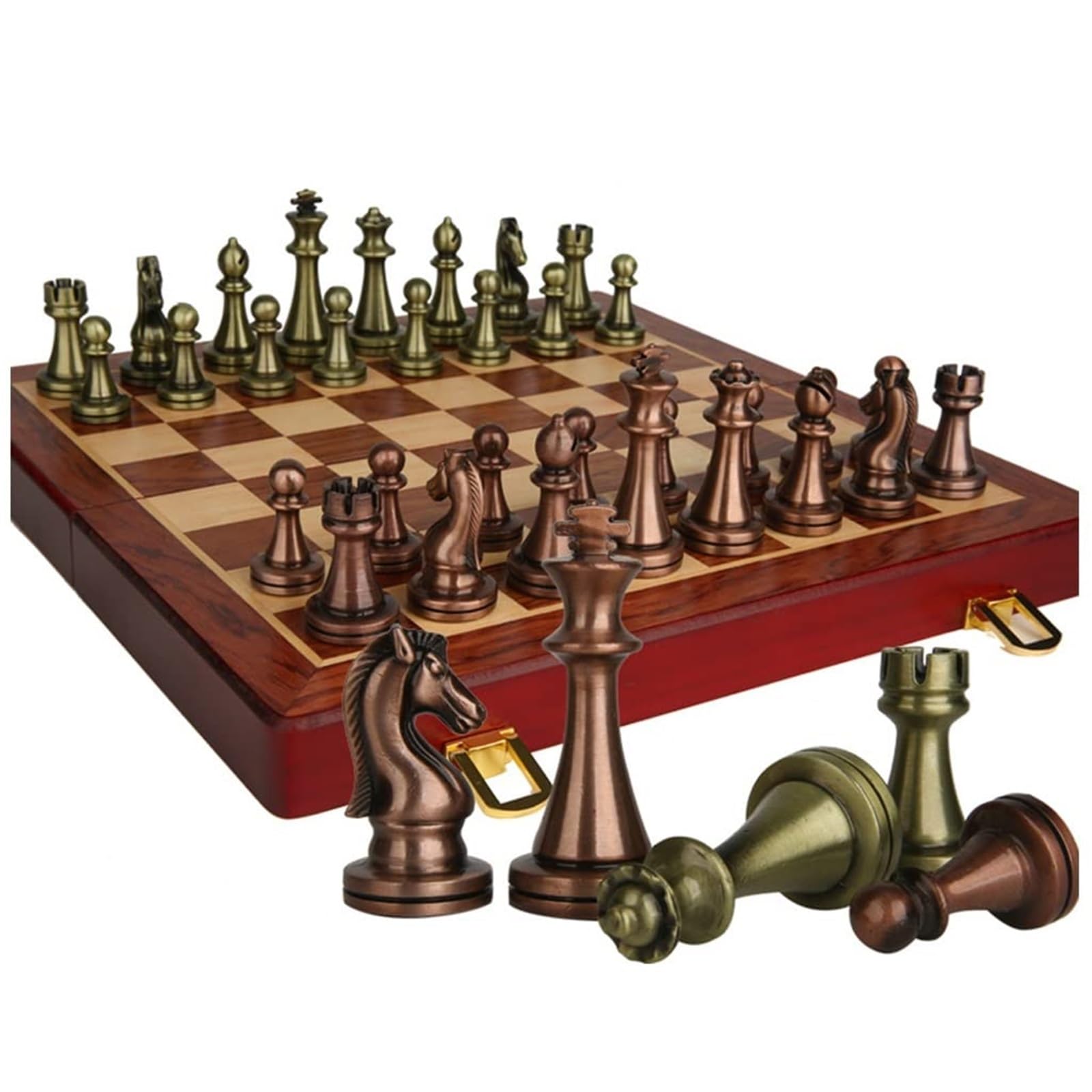 Set di scacchi retrò in metallo con scacchiera pieghevole in legno e pezzi standard classici fatti a mano for bambini e adulti scacchiera portatile