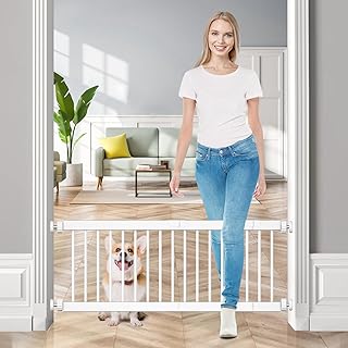 Fldofaves Dog Gate Indoor,18\"-45\" Extra Wide Metal Short Dog Gate to Step Over, 10\" Tall Small Pet Gate with 3 Extension Kits, Pressure Mounted for Doorways & Stairs