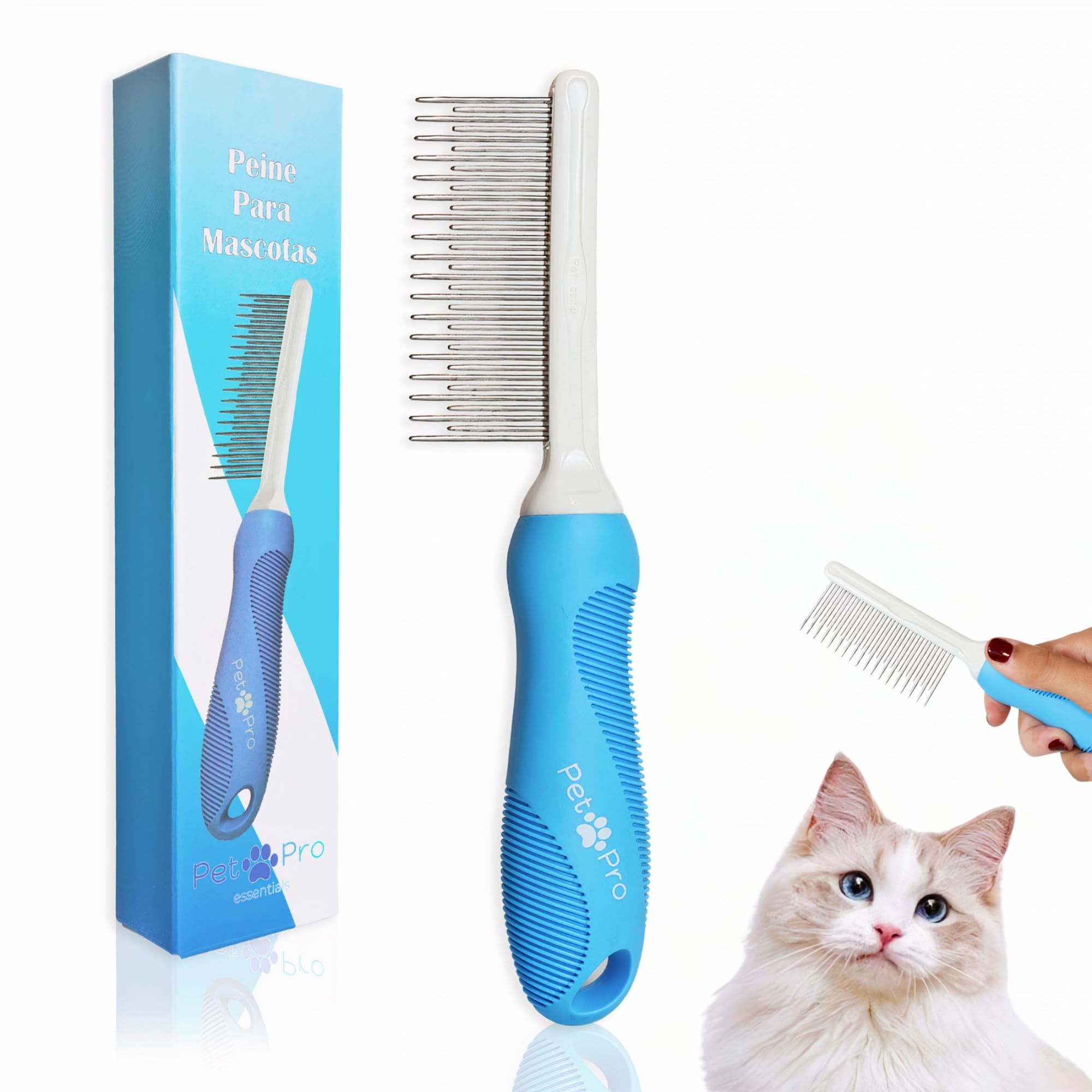 Pet Pro Essentials Peine para gatos o Peine perro con mango Confortable, Peine perro pelo corto y Peine perro pelo largo, Peine gato y Mascotas para Eliminar Nudos y Enredos (AZUL)