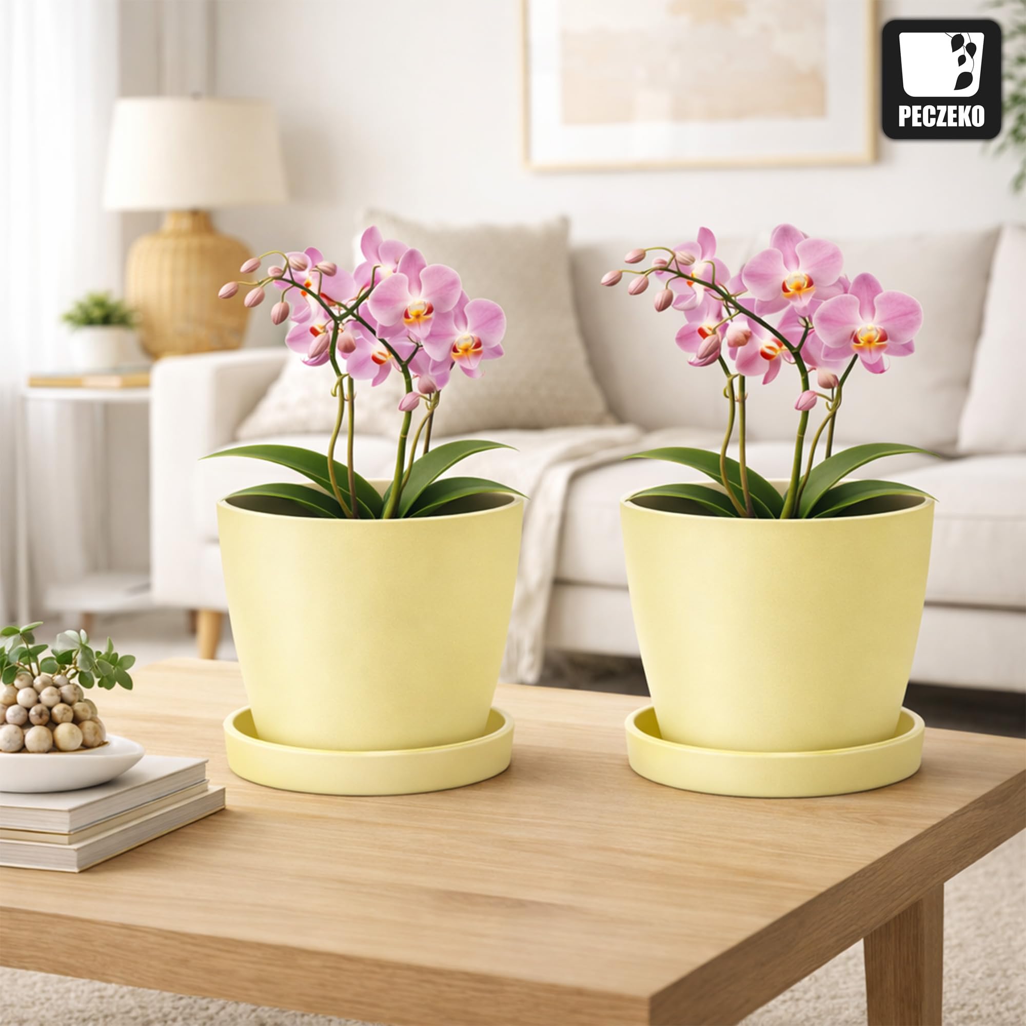 Vaso PECZEKO, in plastica opaca. Vaso decorativo per piante di qualsiasi dimensione, set di 2 pezzi con sottovasi, vaso per erbe aromatiche, limone, ø 30 cm