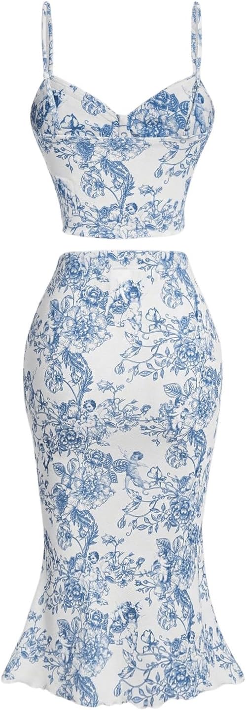 Floerns Women's 2 Piece Outfit Floral Print Tie Front Cami Top with Skirt Set - Image 2