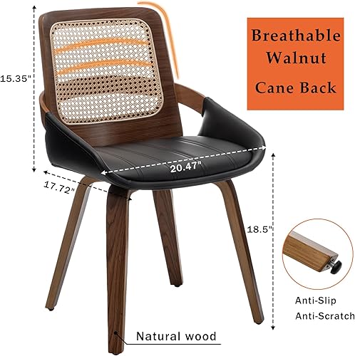 Miniatura 2 de Juego de 1 silla de comedor de ratán, silla moderna de mediados de siglo con respaldo ergonómico de caña, marco de madera curvada, asiento de piel