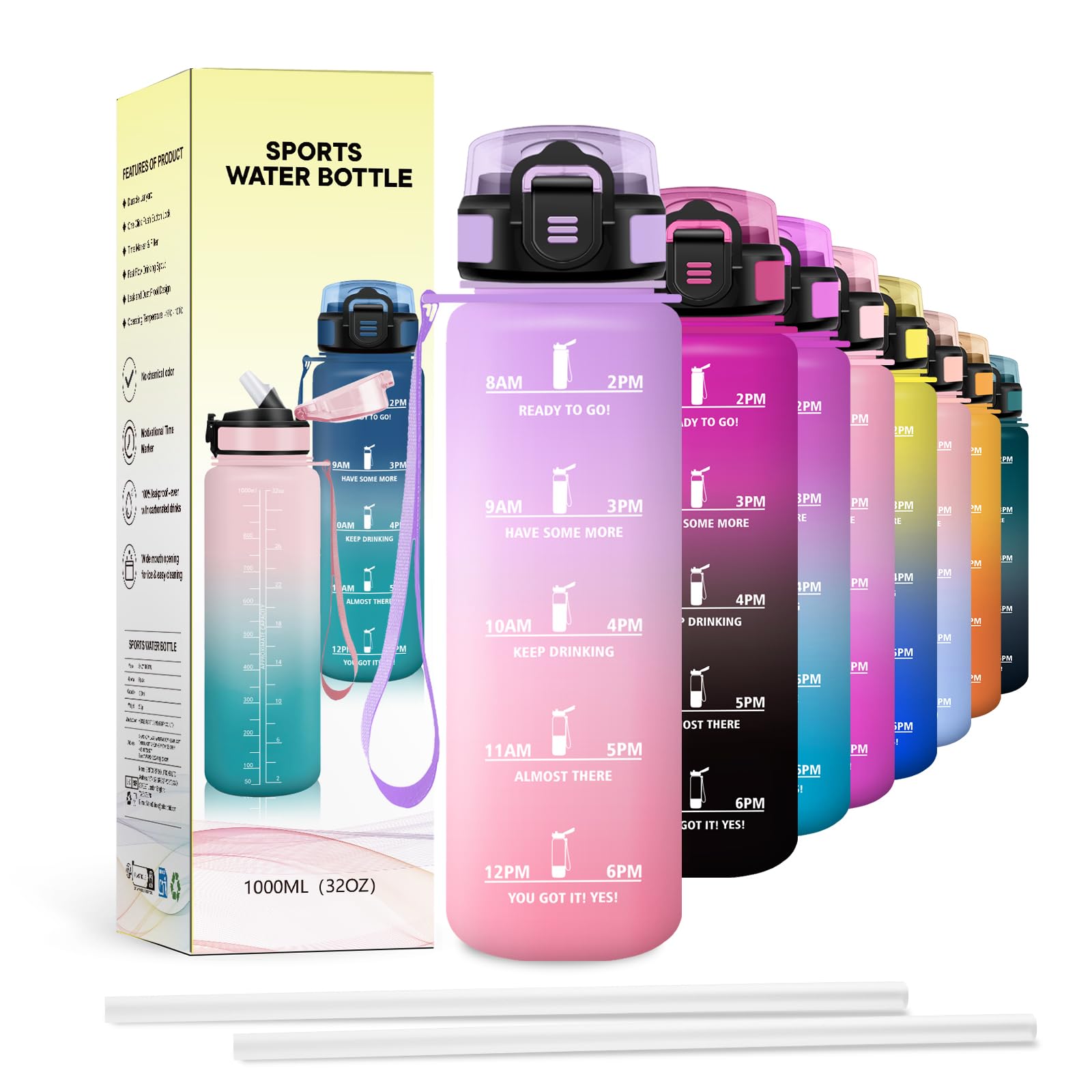 JAPORIA Borraccia 1L, Bottiglia Acqua Motivazionale con Cannuccia, a Prova di Perdite, Indicatore del Tempo, per Ufficio, Escursionismo