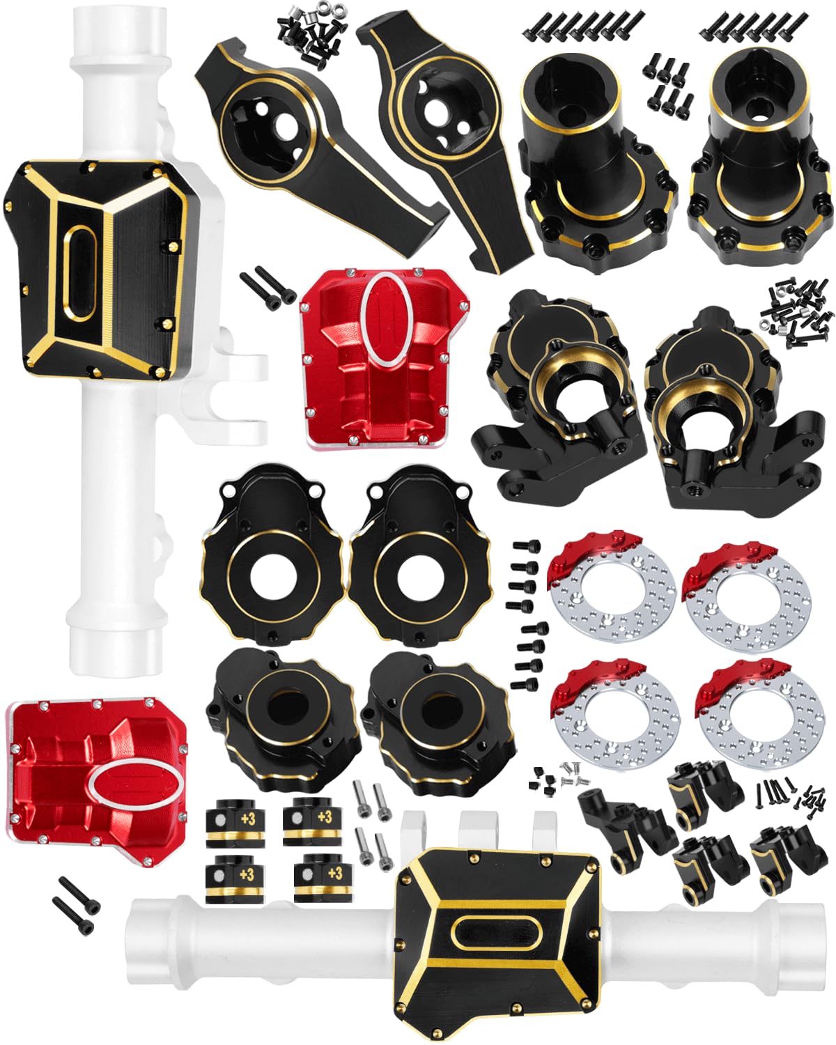 RCHuiWow RC Upgrades Part for 1/10 TRX4,Brass Front & Rear Portal Axles/Diff Covers/Caster Blocks C Hub Carrier,Inner & Outer Portal Cover Housing,Axle Mount,Hex Hub w/Red Diff Covers,Silver