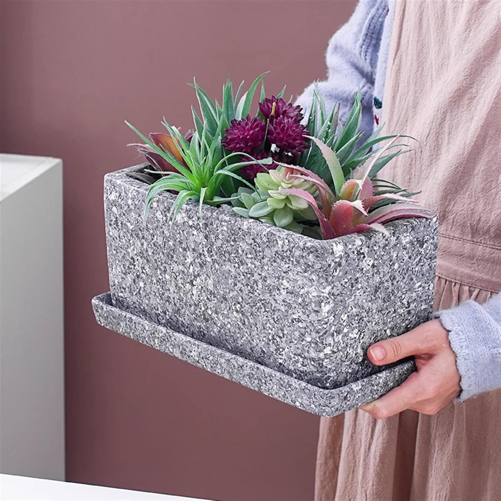 Rechteckiger Keramik-Pflanztopf mit Tablett, moderner skandinavischer Stil,  Sukkulententententopf fr grnes Bro, Schreibtisch, kleiner perforierter  Bonsai-Topf mit tiefgrner Farbe, dekorativer: Amazon.de: Garten
