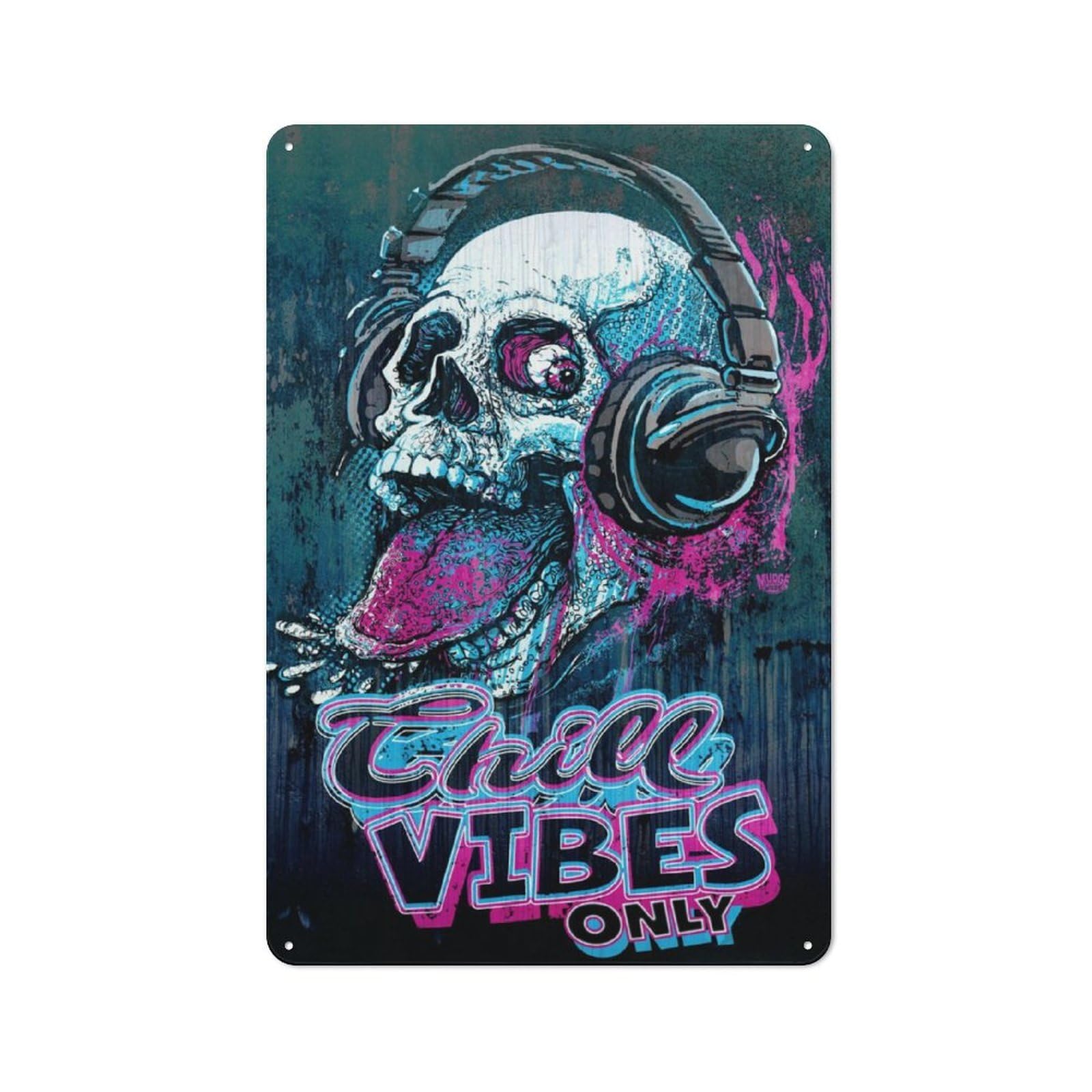 Junmoney Chill Skull Raspberry Vibe Tin Wall Plaque 30X20cm With For Living Room Wall, Gift For Feature Wall Decorators During The Christmas Season