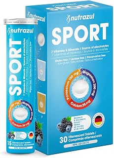 nutrazul Sports Effervescent Tablets, Electrolytes & 7 Vitamins & Minerals, Daily Hydration and Energy, Caffeine-Free, Blueberry & BlackBerry Flavor, 30 Count