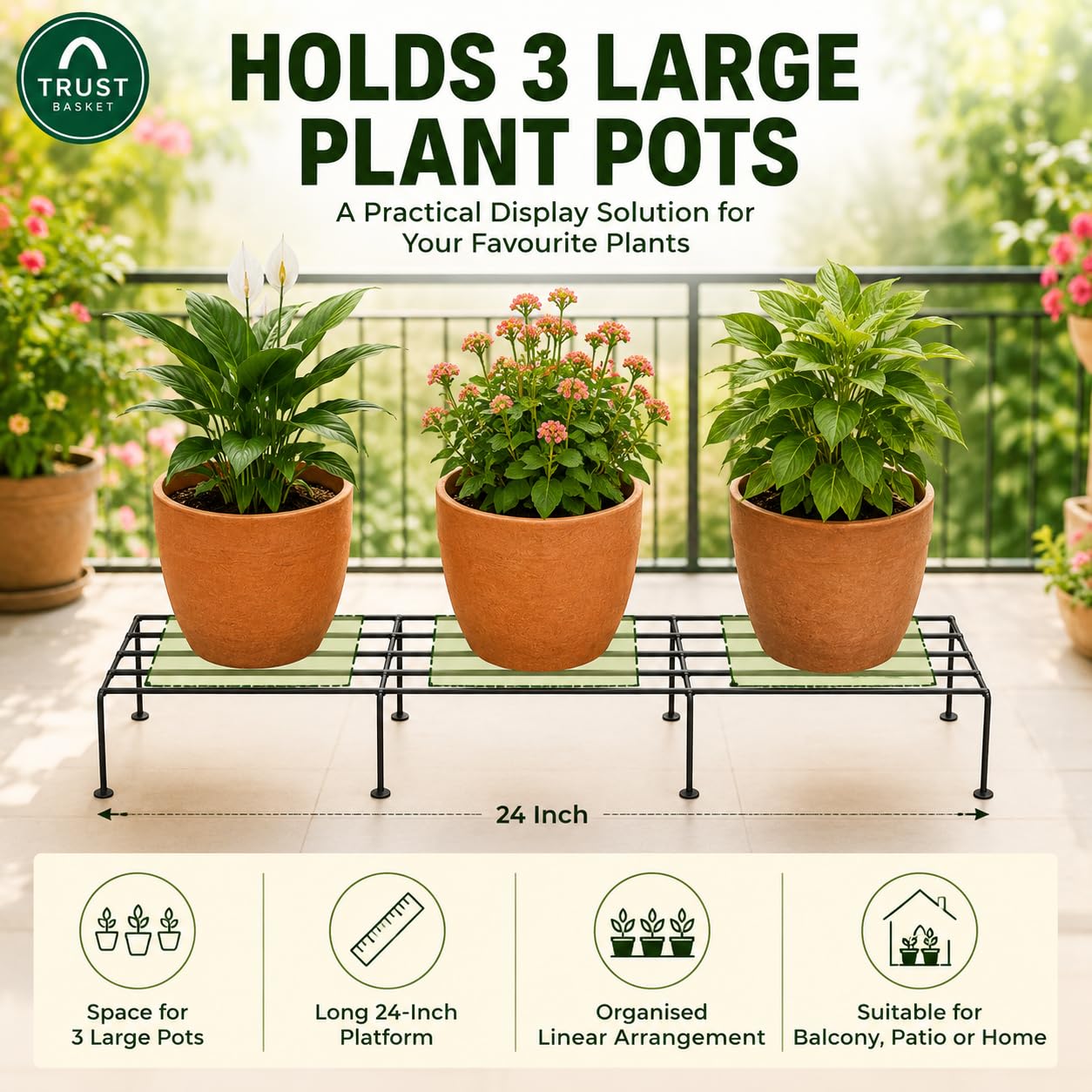 TrustBasket Indigo 24-Inch Plant Stand | Black, (Set of 4) 120 KG Load Capacity, Anti-Rust Metal with Non-Bendable Legs | Ideal for Plant Stands for Outdoor Balcony, Indoor Living Room, Flower Pot Stand for Balcony, Planters for Home Decor 3