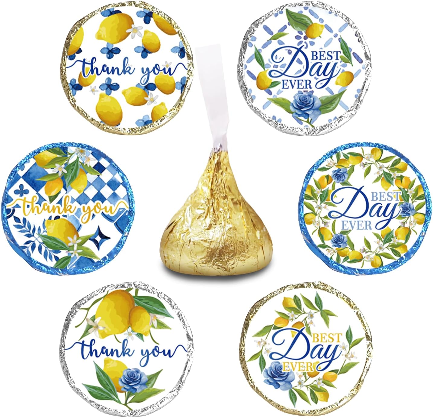 300 Pcs Capri Lemon Wedding Kiss Sticker Labels, Lemon Blue Tiles Round Candy Stickers for Bridal Baby Shower Birthday Party, Summer Italian Style Labels Fit Chocolate Drops