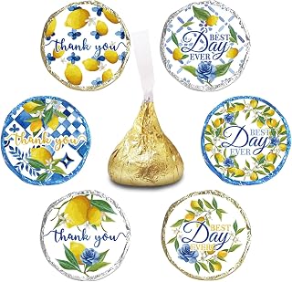 300 Pcs Capri Lemon Wedding Kisses Candy Wrappers, Lemon Blue Tiles Mini Round Candy Stickers for Bridal Baby Shower Birthday Party, Summer Italian Style Chocolate Drops Labels Stickers