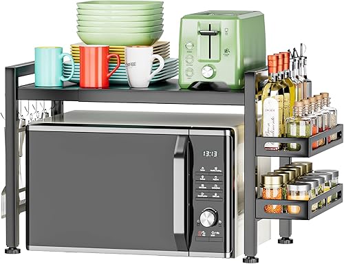 Miniatura 8 de Estante extensible para horno de microondas, estante ajustable para encimera de cocina, soporte de microondas de 2 niveles (L15.723.6 pulgadas x