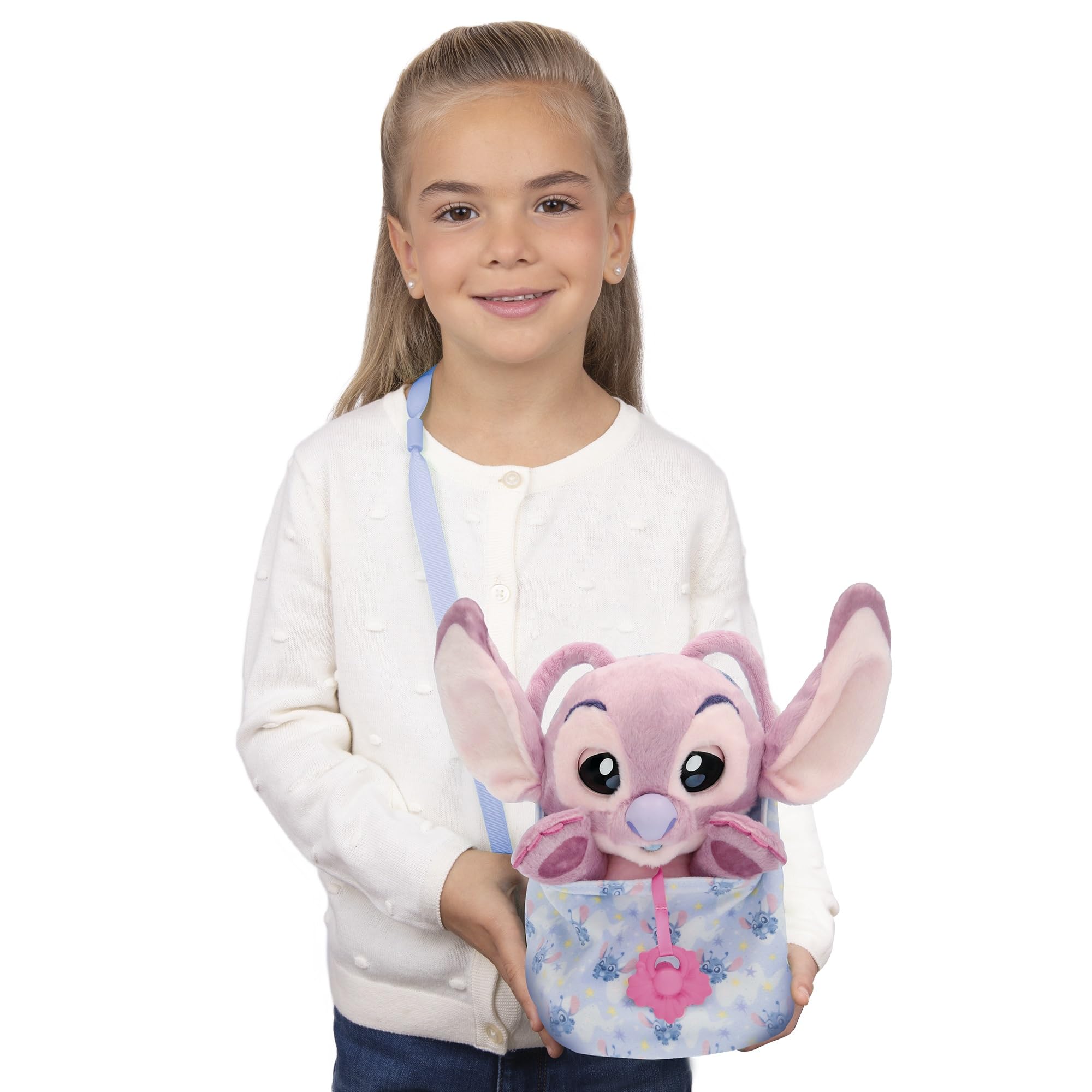 Baby Paws Disney Angel Peluche Interactive Peluche avec Sons Qui Ouvre et Ferme Les Yeux, avec Un Sac pour l’Emporter avec Toi Enfants de 3 Ans et Plus, Rose