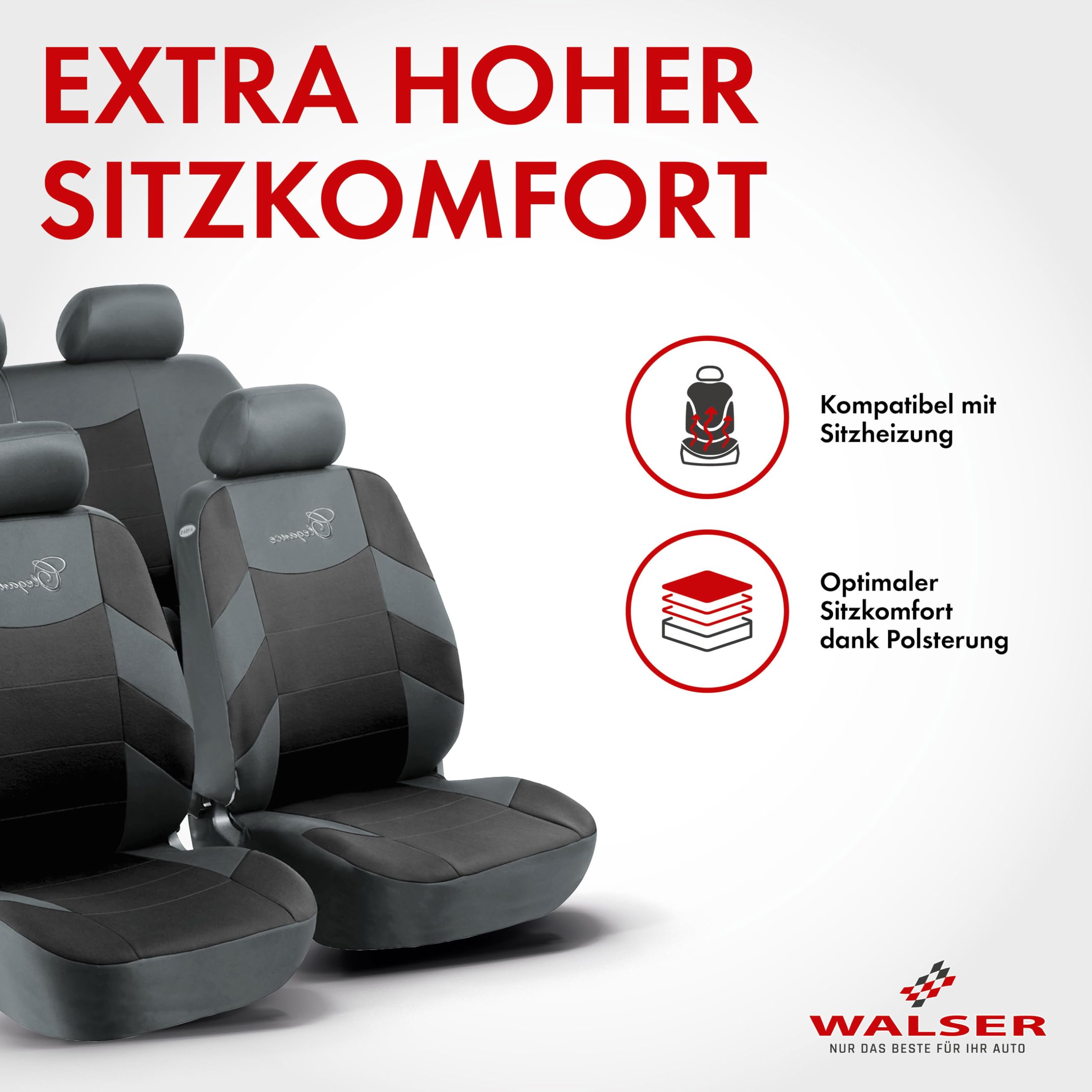 Walser Elegance 11776 pokrowiec na fotel samochodowy, z zamkiem błyskawicznym, 2 pokrowce na przednie siedzenia, 1 pokrowiec na tylne siedzenie, czarno-szary