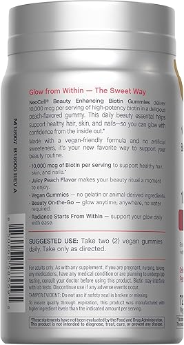 Miniatura 3 de NeoCell Biotin Gomitas de 10000 mcg  72 unidades  Suplemento potenciador de belleza  cabello, piel y uñas  Sabor a melocotón