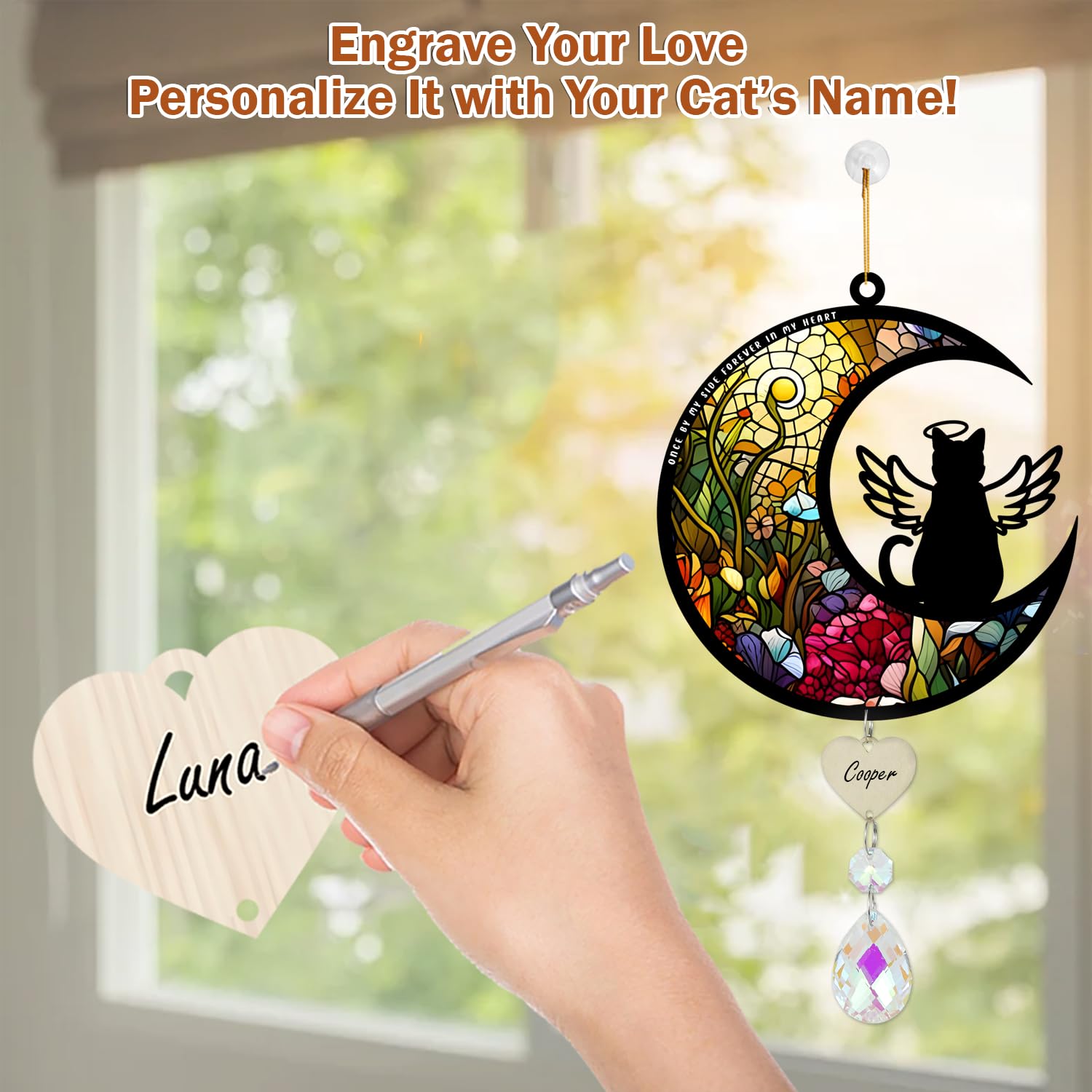 Cat Memorial Suncatcher for Windows Stained Glass,Pet Sympathy Gift to Memorialize The Loss,Unique Angel Cat Statue Suncatchers with Personalized Decorations