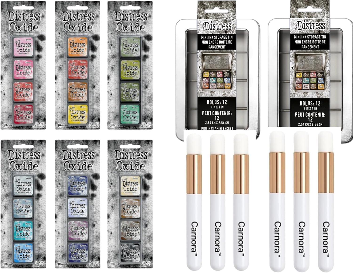 Tim Holtz Ranger Mini Distress Oxide Ink Cube Pads, Kits 1-6, 24 Colors, 2 Organizer Tins for All 24 Inks, 6 Carnora Blending Brushes