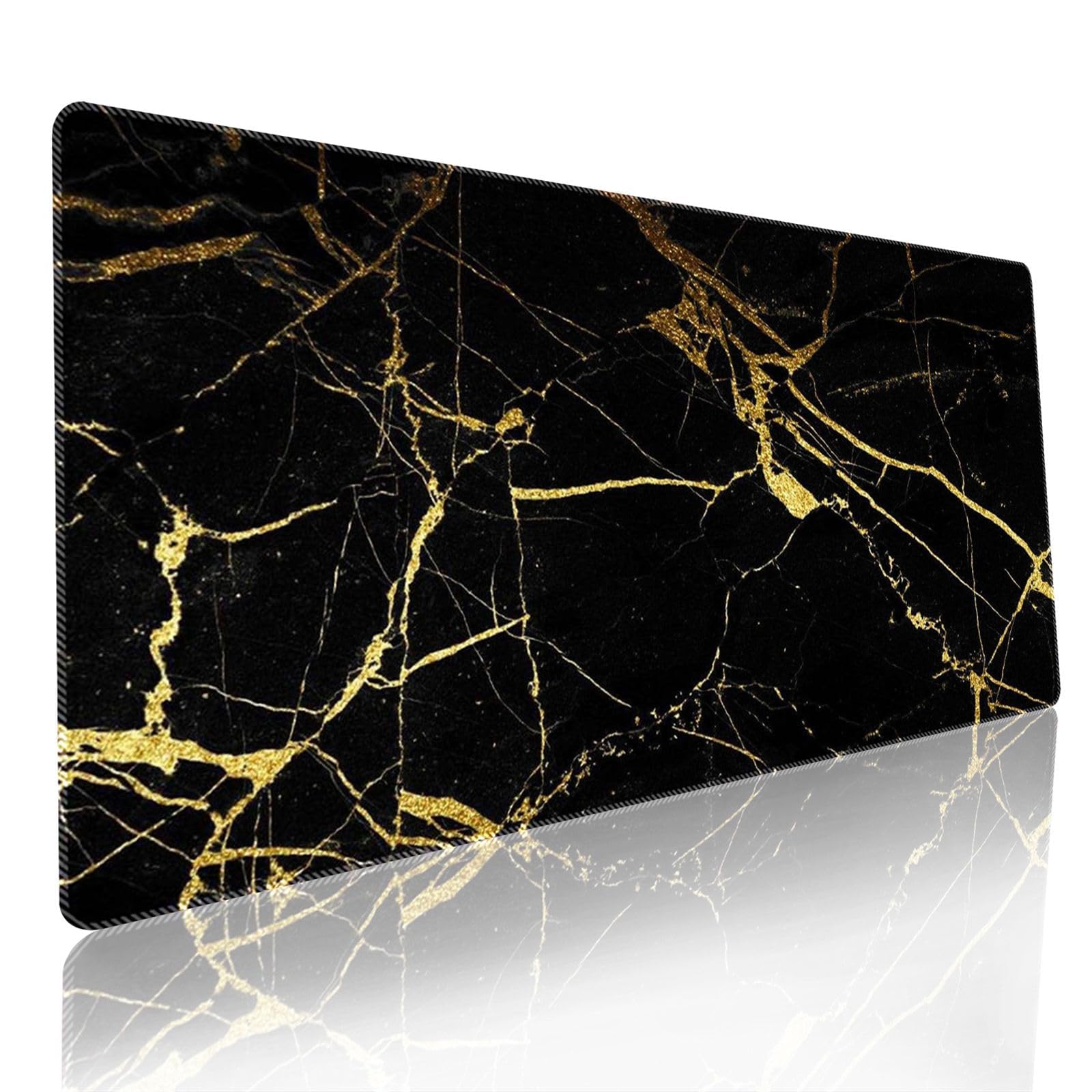 Large Long Gaming Mouse Pad - Marble Stone Grain Desk Mat with Non Slip Rubber Base Washable for Home Office Work (Gold＋Black, 400x900mm)