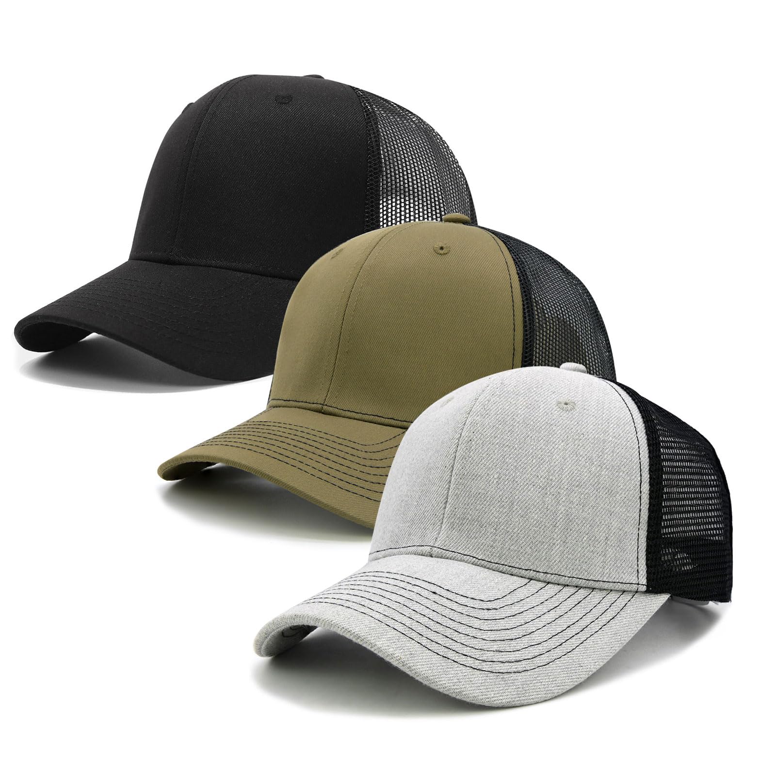 Men's Trucker Hats 3 Pack, Structured Mesh Baseball Cap with Adjustable Snapback, Classic Outdoor Hat for Men