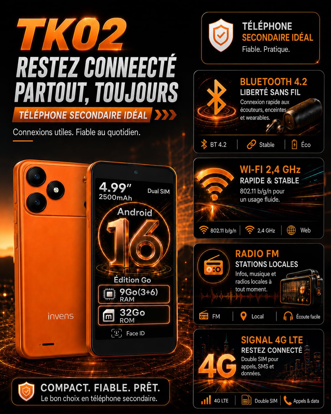 invens TK02 Téléphone Portable 4G Débloqué, Android 16 Go, 9 Go RAM, Noir | Écran compact 5 pouces, 32 Go extensible à 256 Go, double SIM, Face ID, batterie amovible 2500 mAh, USB-C & prise jack 3,5 mm