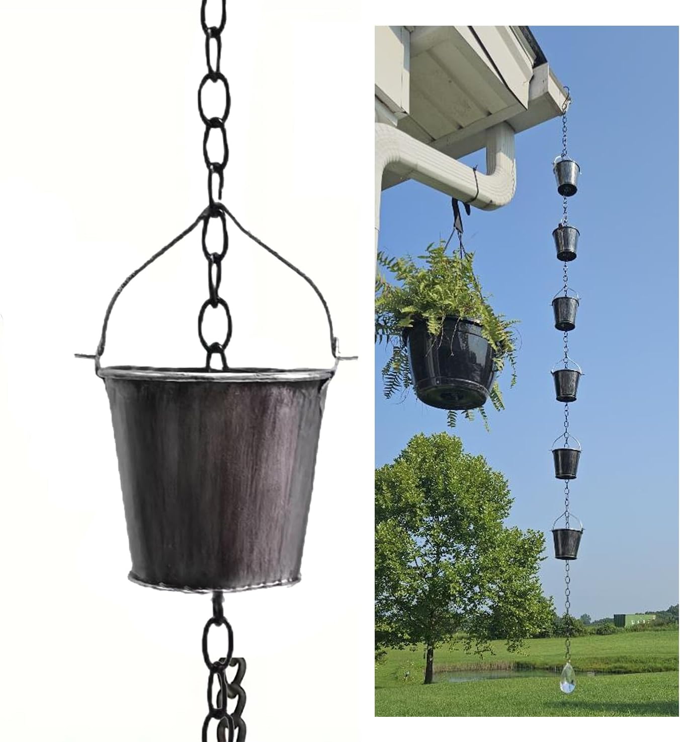 Decorative Rain Chain, 63.8-Inch Black Metal Barrel-Shaped Gutter Chain with Acrylic Diamond Pendant, Downspout Replacement for Garden Drainage