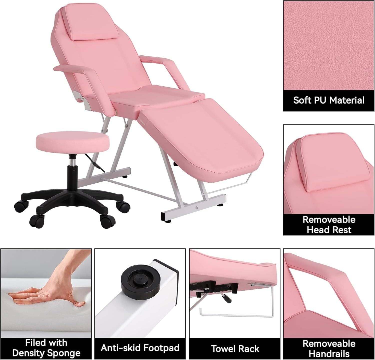 Table de Massage avec Tabouret Lit Massage Pliante 3 Zones Rose | en Cuir PU avec l’Appui-Tête Amovible Accoudoirs Réglables Lit Esthéticienne Physiothérapie, Tattoo