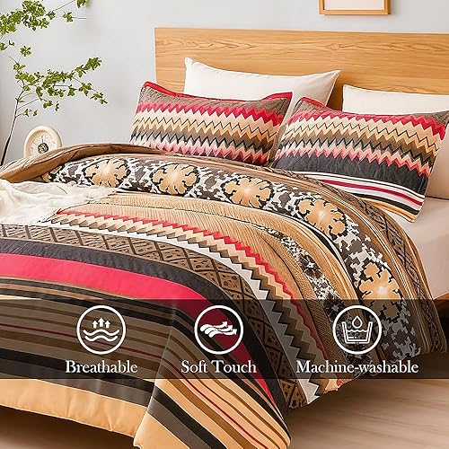 Miniatura 2 de Shatex Juego de edredón Queen de 3 piezas - Ropa de cama de microfibra floral tribal geométrico bohemio con 1 edredón y 2 fundas de almohada, tonos