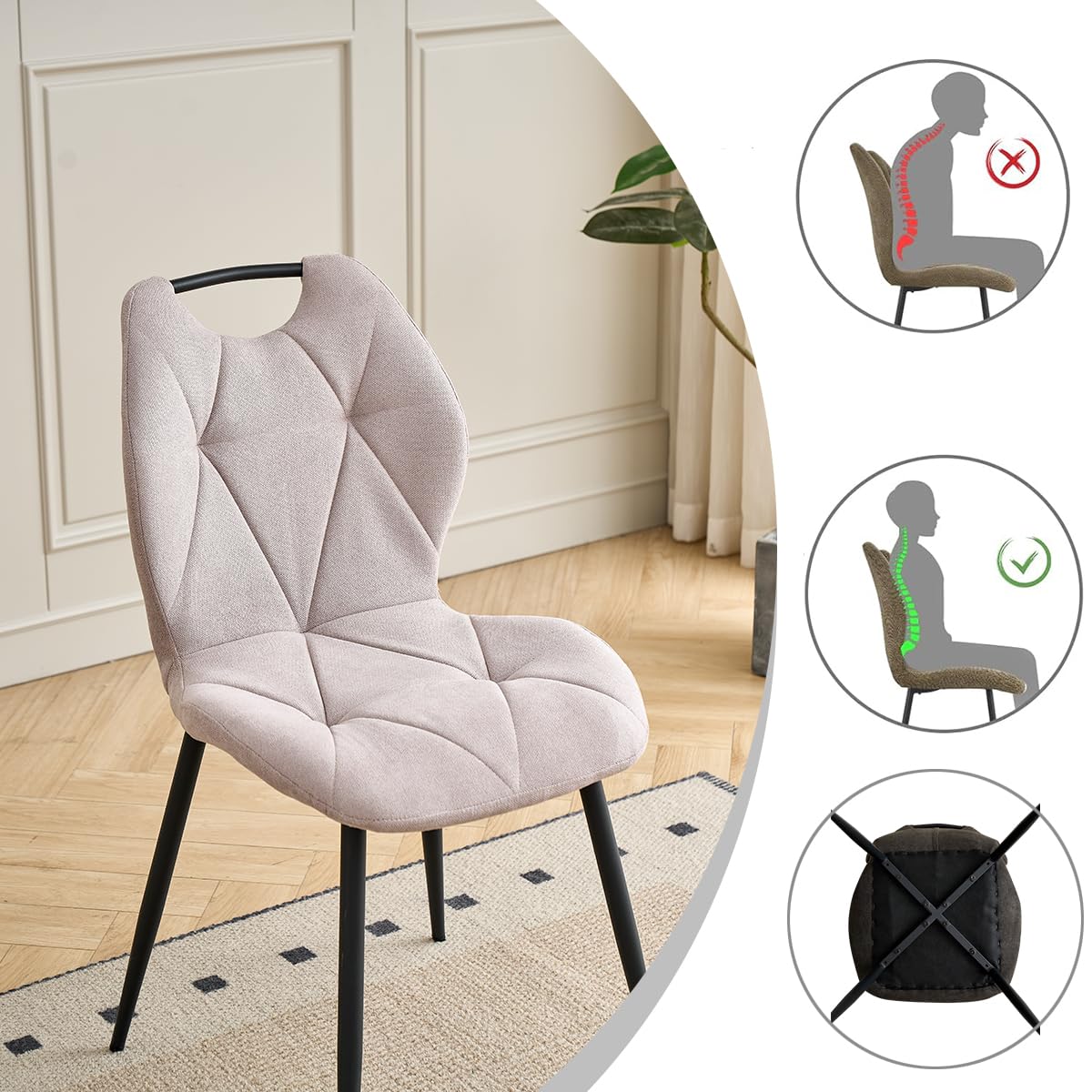 GrandCA HOME Juego de 6 sillas de Comedor, sillas nórdicas de Cocina con Asas, para Comedor y Sala de Estar, Patas de Metal y tapizado con diseño de Rombos (Beige)