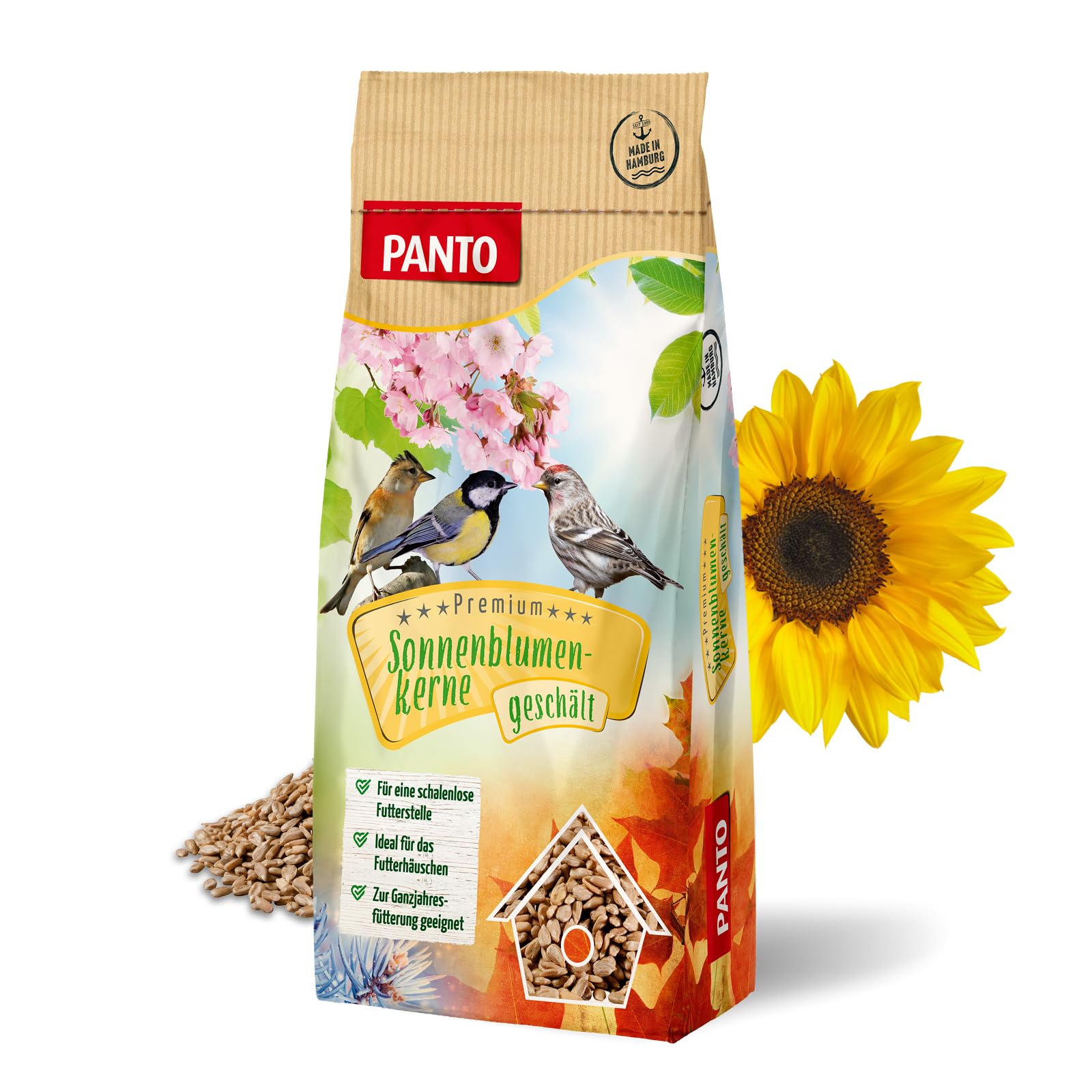 PANTO Sonnenblumenkerne geschält 25 kg – Wildvogelfutter ganzjährig | Reine, schalenlose Kerne ohne Schalenreste – energiereich für Körner- & Weichfresser an Futterplatz & Vogelhäuschen