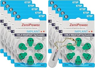 60 ZeniPower Hearing Aid Batteries Size: 675P Cochlear + Battery Holder Keychain Kit