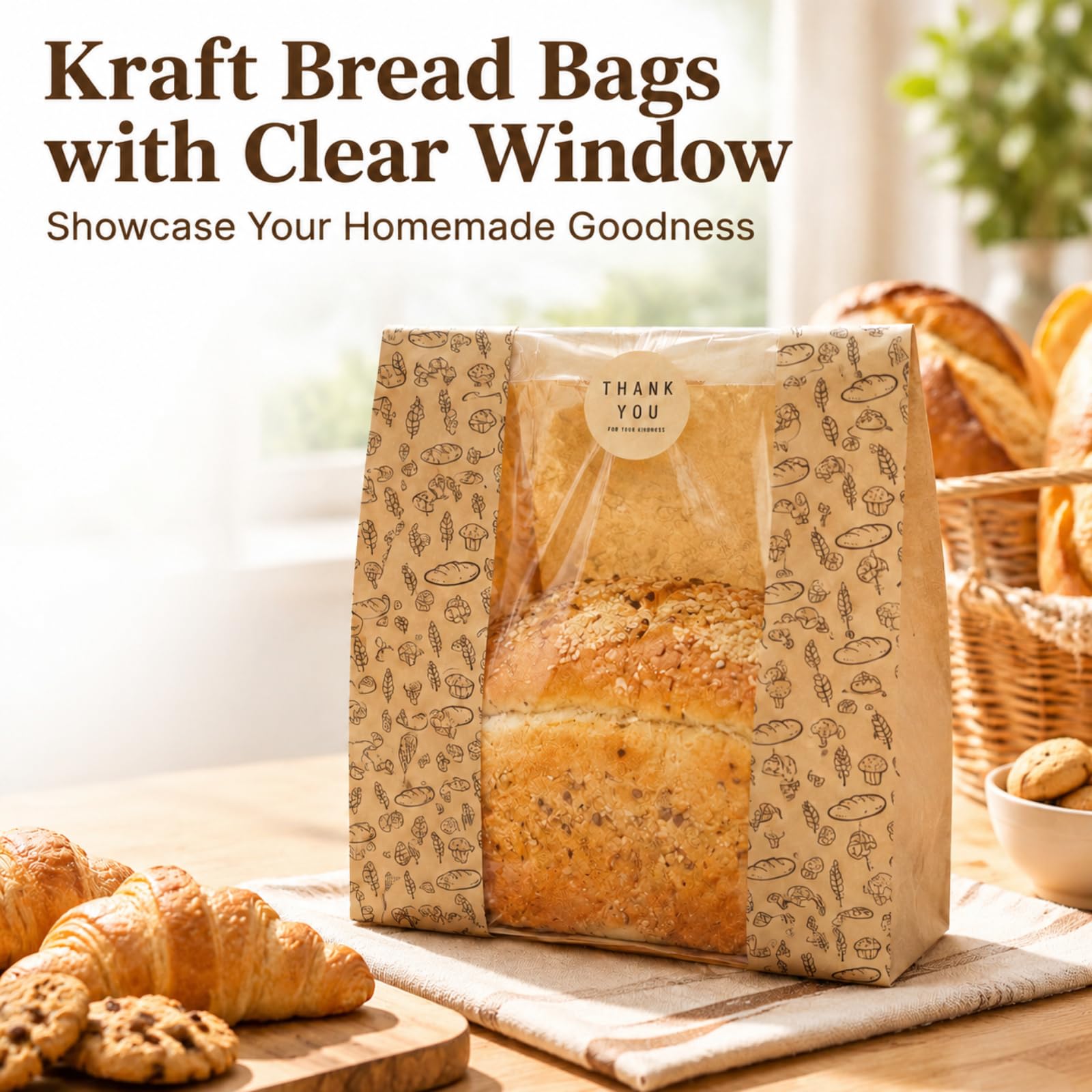 Hacaroa 100 Stück Papier Brotbeutel mit Klarem Fenster, 27,5 x 25 x 10 cm Kraft Bäckerei Taschen mit 100 Aufkleber, Braun Toast Verpackung Taschen für Hausgemachtes Brot, Keks