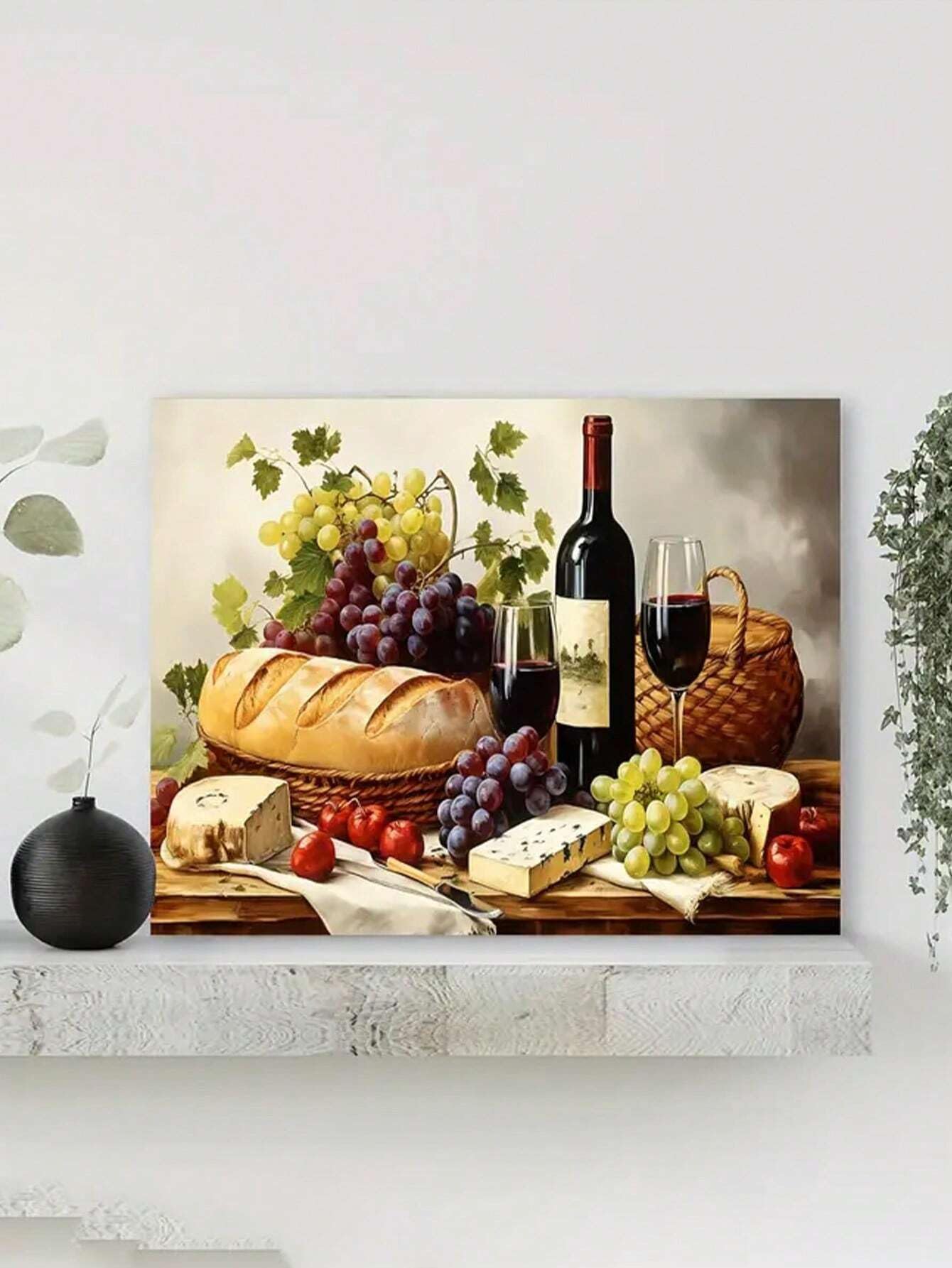 Juanlianfenghua No Frame 1Pc Vintage Wine & Grape Canvas Art - Red Wine Bottle & Glass With Bread And Cheese Still Life - Kitchen Wall Decor(30X45cm/No Frame)