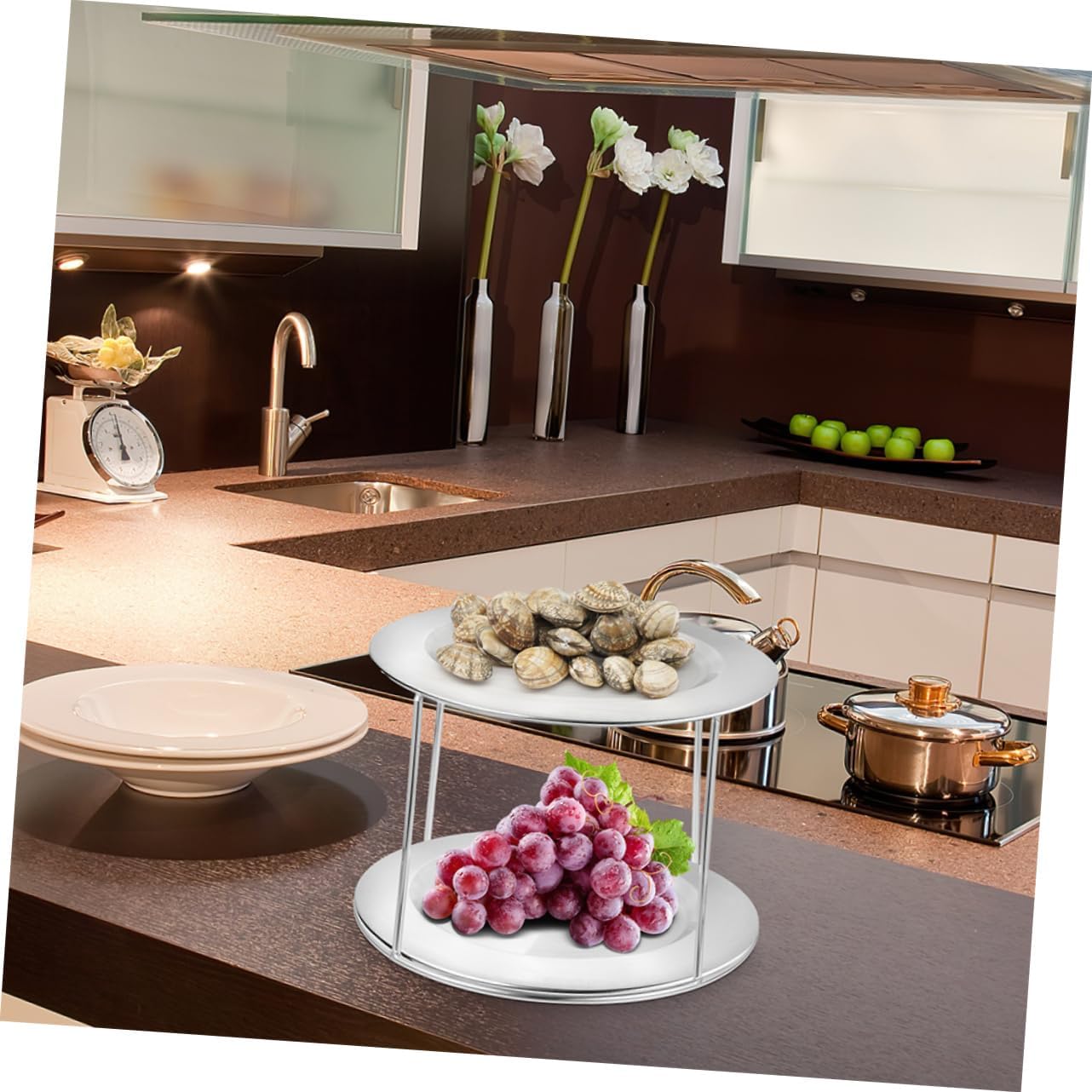 Zerodeko 2pcs Double Layer Grill Rack Seafood Tray Rack Holder Restaurant Accessory Stainless Steel Tray Stand Pizza Pan