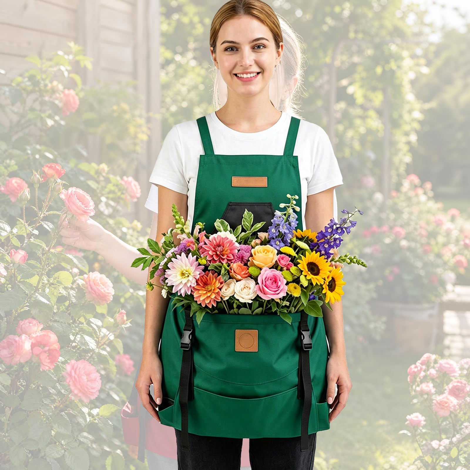 Weyot Harvest Apron For Garden Vegetables, Gardening Apron With Quick Release Pockets, Fruit Picking Apron With Adjustment Cross Strap, Farm Work Green,50x60cm