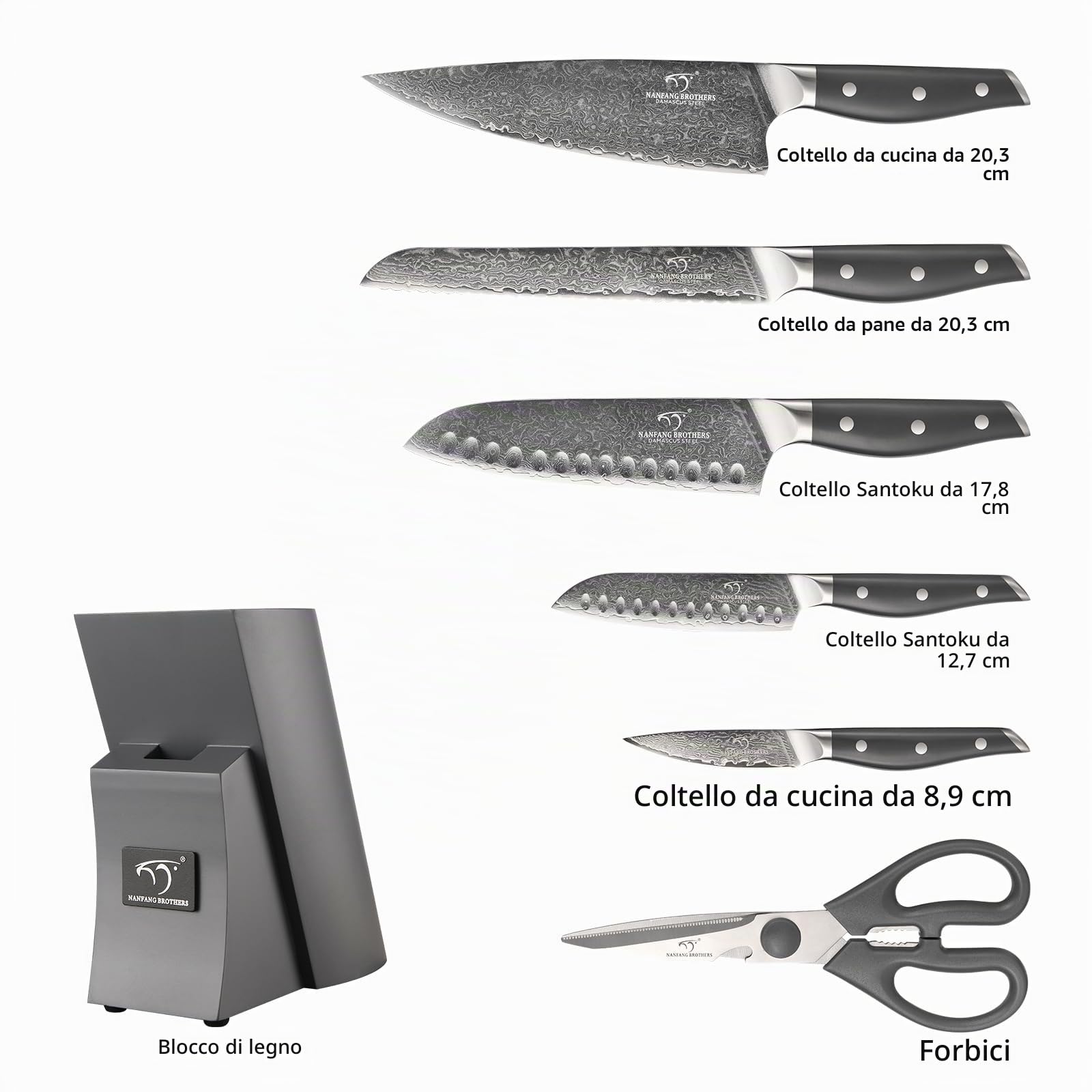 NANFANG BROTHERS Set di coltelli da cucina Damasco 7 pezzi con blocco, manico in ABS antiscivolo, set di coltelli in acciaio inox ultra affilati con blocco, coltello da chef, coltello da pane, ecc