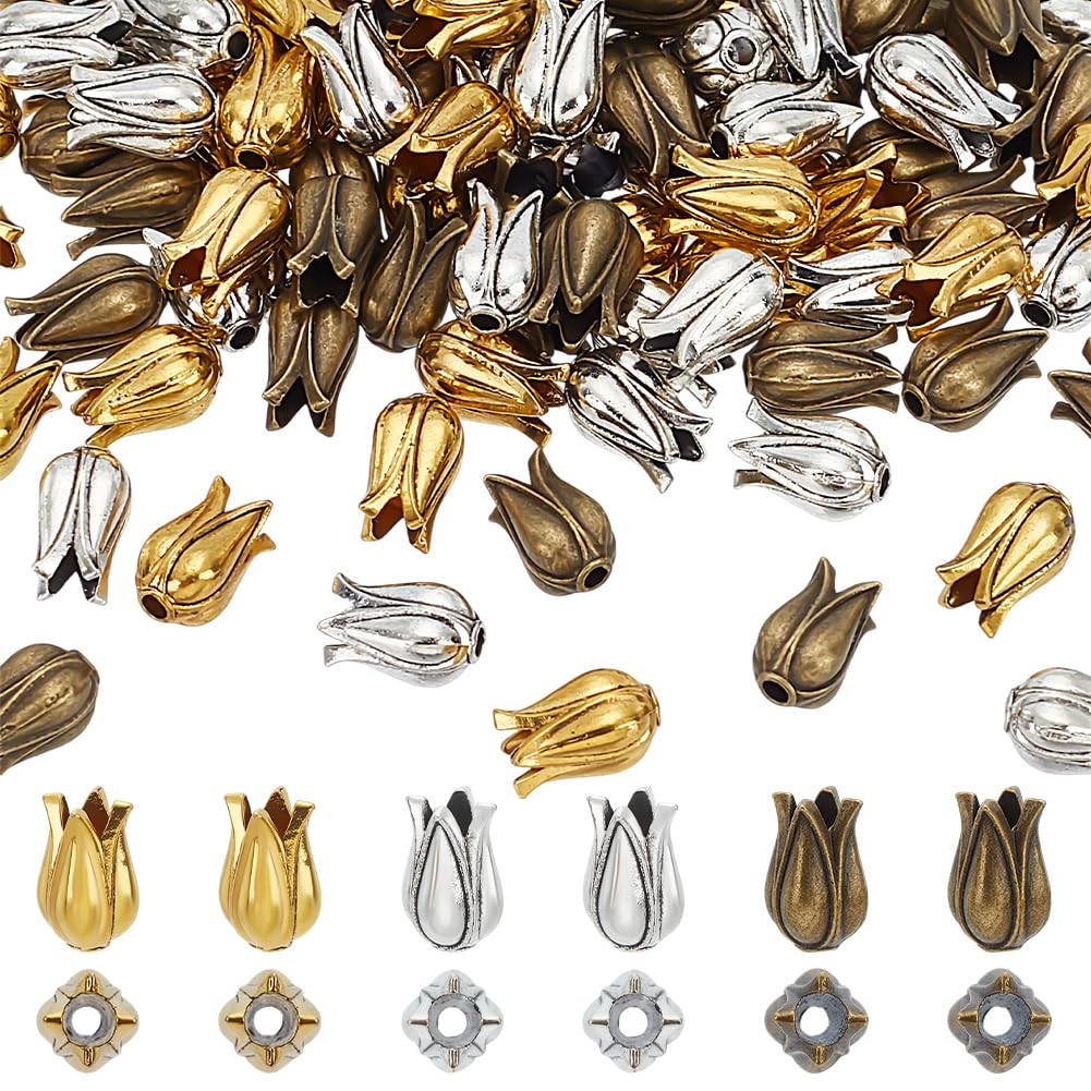 PH PandaHall 90pcs Flower Bud Charm Beads 3 Colours Tibetan Metal Spacer Beads Tulip Flower Metal Beads End Charm Caps Loose Spacer Beads Antique Beads for Bracelet Necklace Jewelry Making
