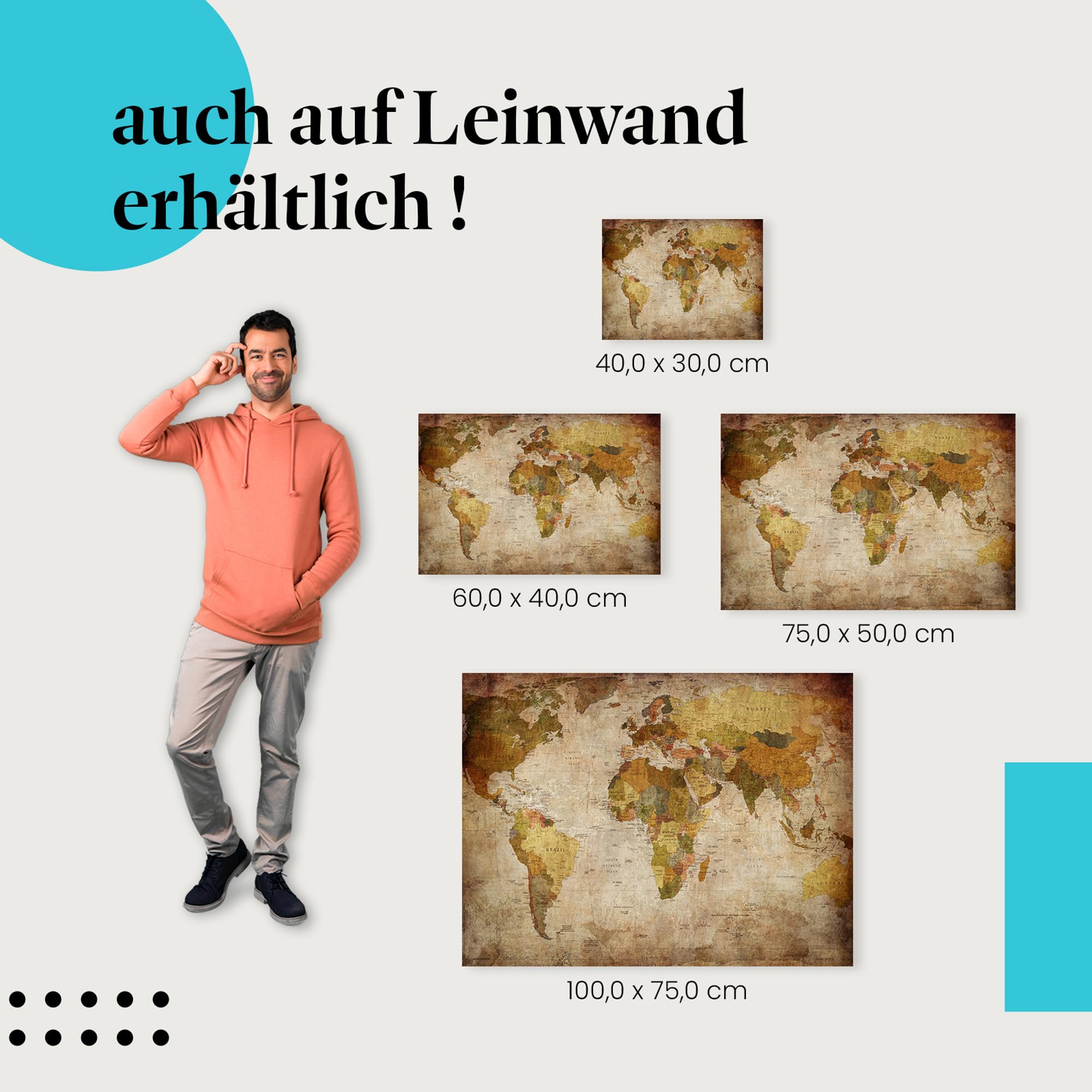 Postereck - 0459 - Vintage Weltkarte, Karte Bunt Länder Kontinente - Unterricht Klassenzimmer Schule Wandposter Fotoposter Bilder Wandbild Wandbilder - Leinwand - 100,0 cm x 75,0 cm