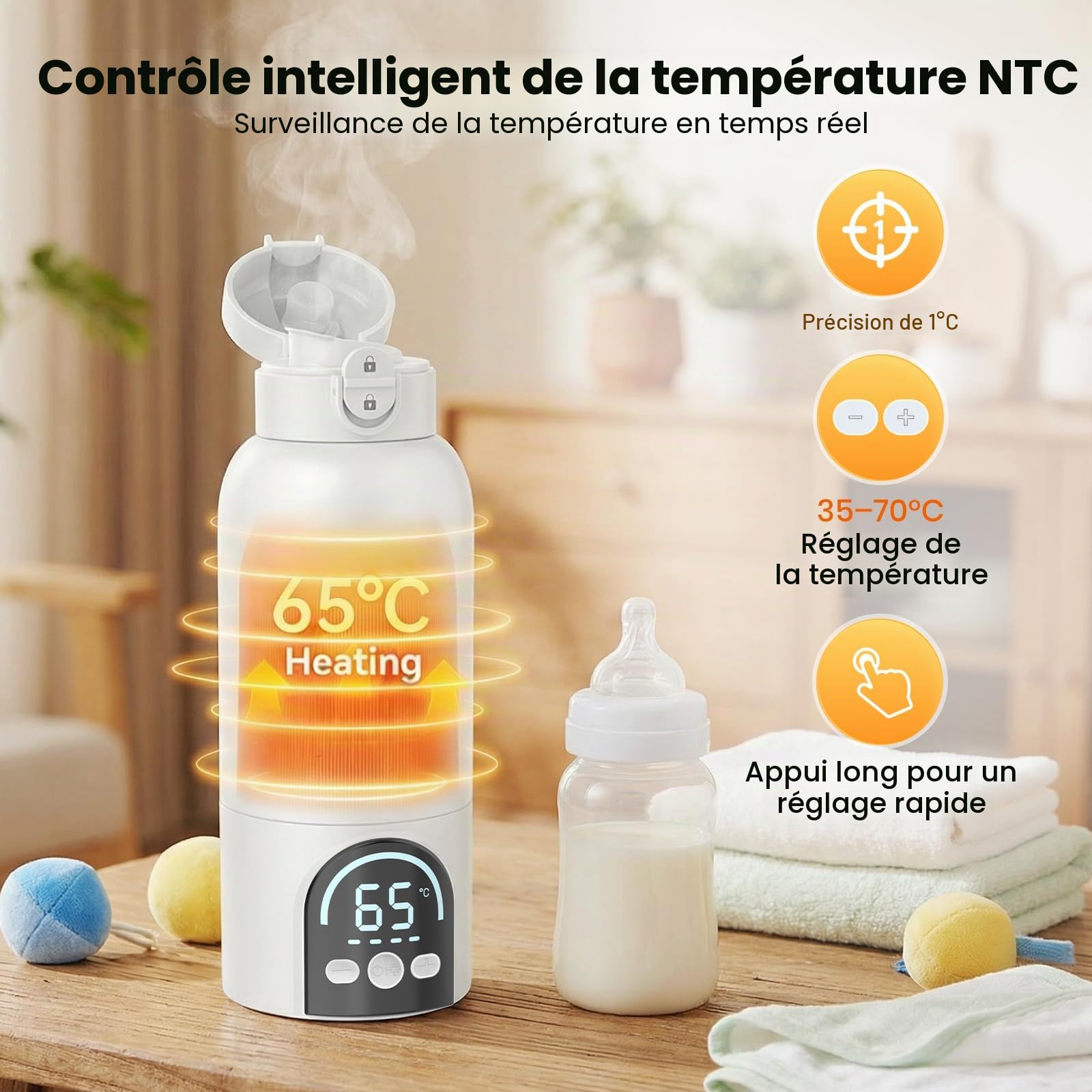 Chauffe biberon portable, 500 ml, chauffe rapide 140 W pour lait maternel et eau, chauffe biberon nomade avec régulation précise 35–70 °C, batterie 12000mAh