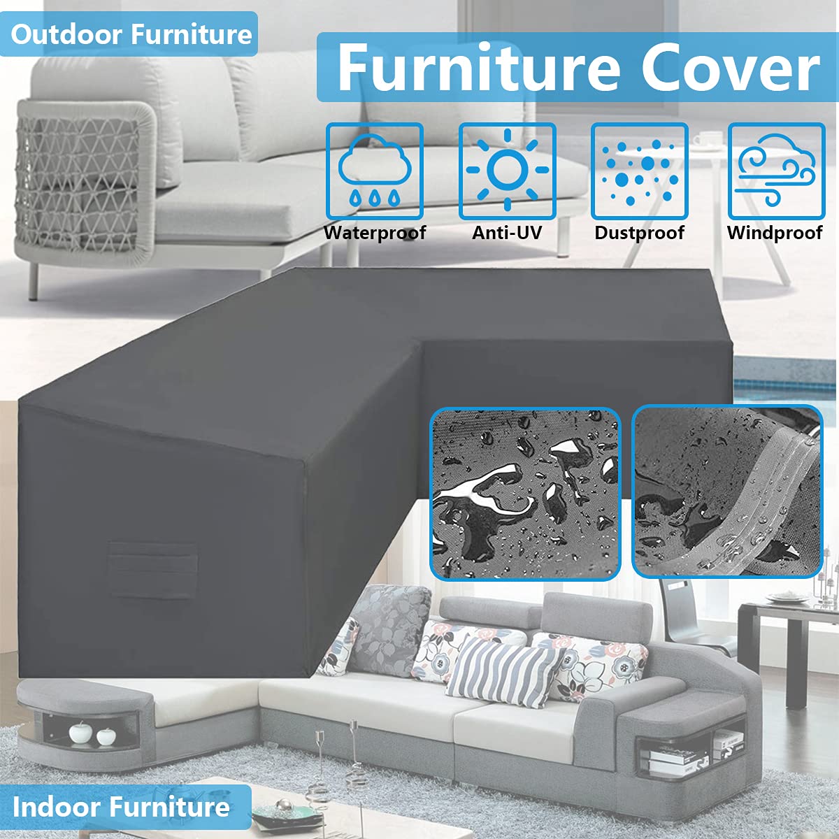 COOSOO Patio L Shape Sofa Cover Sectional Waterproof Corner Sofa Cover Outdoor Dust-Proof Anti-UV Furniture Couch Cover for Lawn Garden Yard Indoor with Windproof Buckle Extra Large Grey