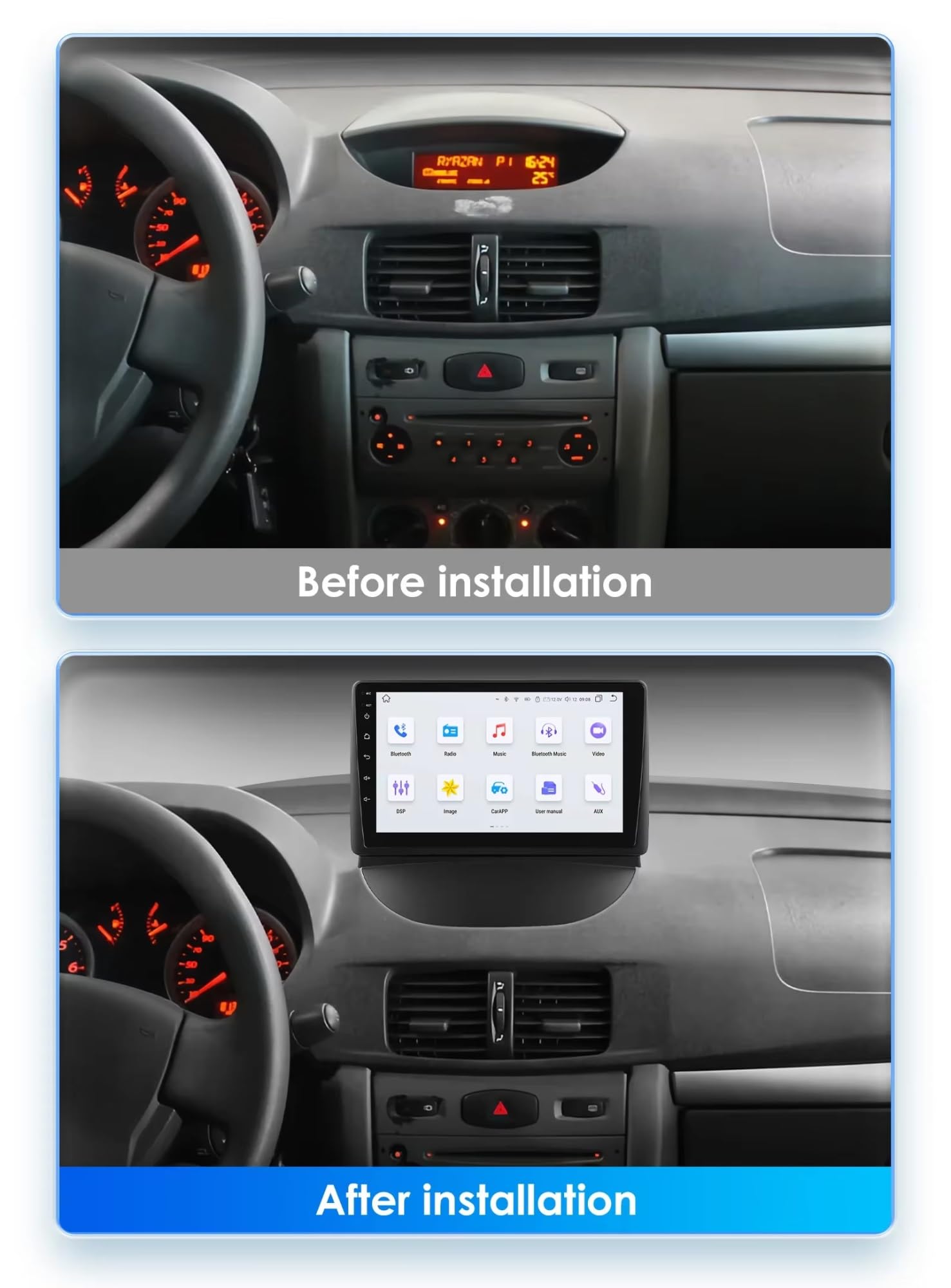 Generico Autoradio Android 15 2 DIN con Schermo Touchscreen da 9 Pollici per Renault Symbol 2003-2008 con Telecamera Posteriore/CarPlay/Bluetooth/FM/GPS/USB/Wi-Fi 4G/Comandi al Volante/Audio per Auto