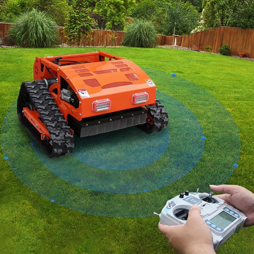 Remote Control Track Lawn Mower 9HP Gas Engine, 600m Range, 21.6" Cutting Width, Adjustable Height RC Robotic Lawn Mower for Slopes, Orchards & Commercial Landscaping (MP-M550-Orange)