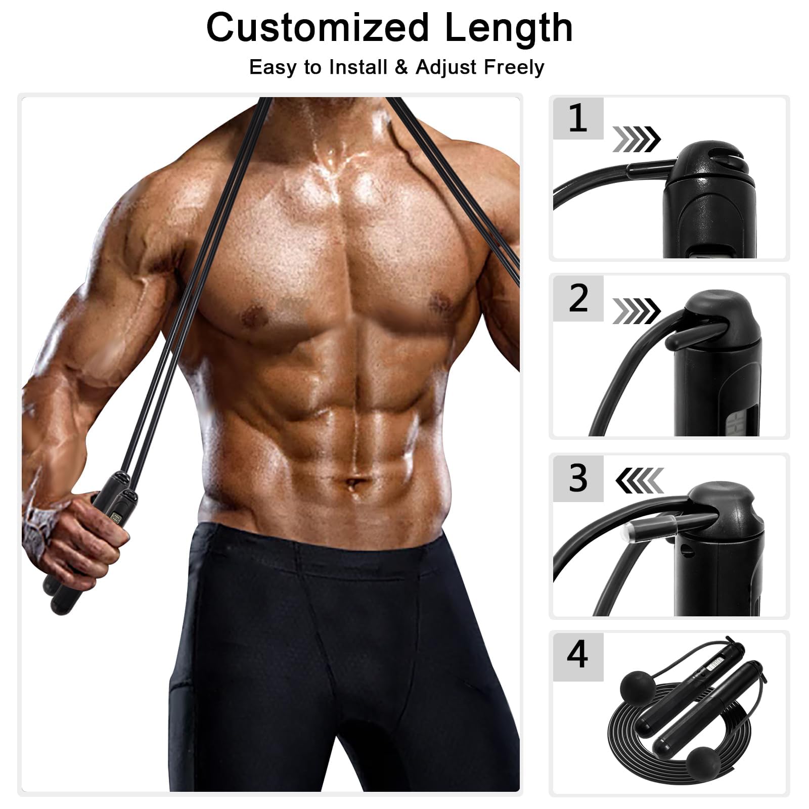 Springseil mit Zähler, 2-in-1 gewichtet, kabellos und kabelgebunden, intelligentes LCD-Display, verfolgt Kalorien, Zeit und Sprünge, verstellbare Länge mit Stahlkugellagern für Zuhause, Fitnessstudio