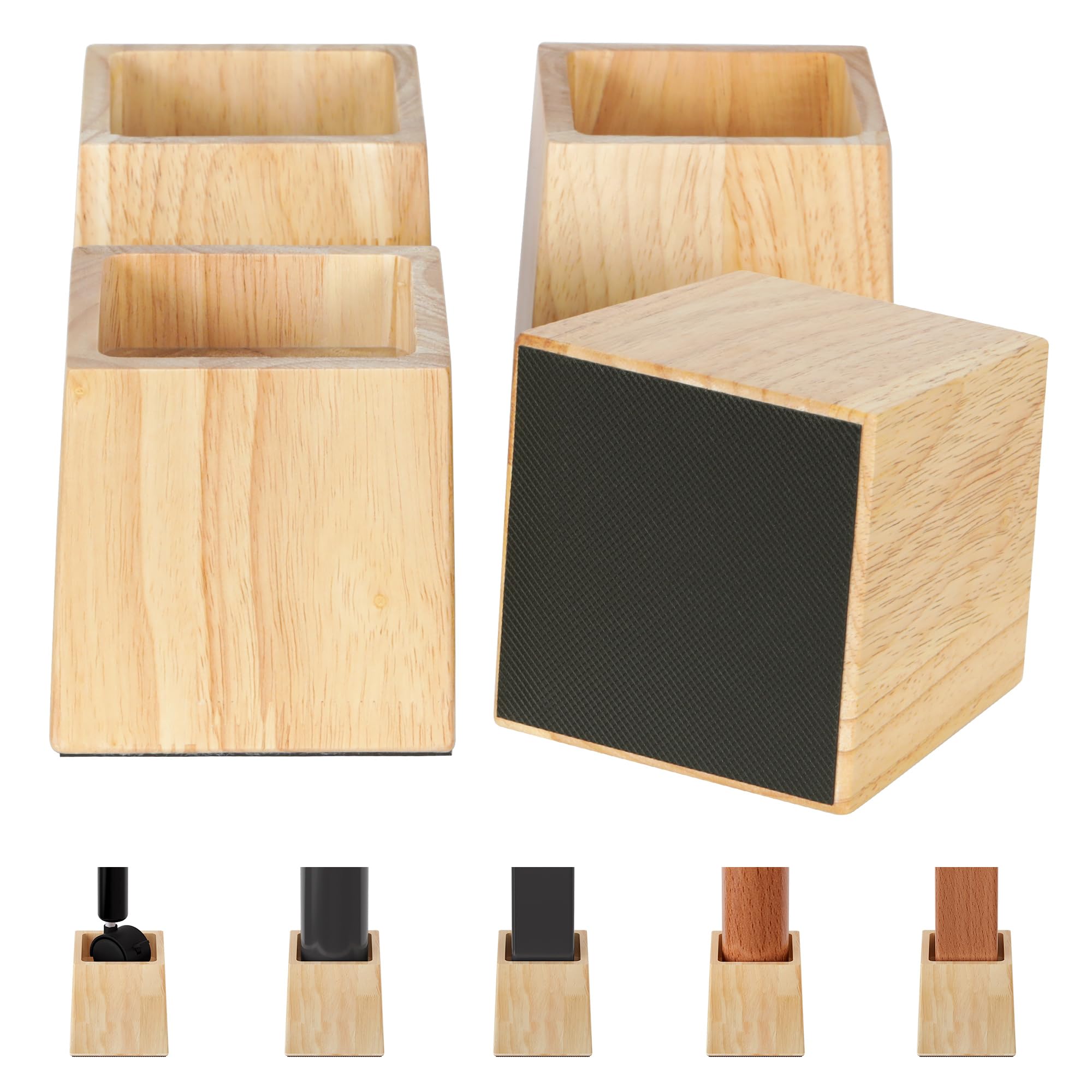 TQVAI Wood Bed Risers 4 Inch (Inner 3" H), Furniture Risers Supports up to 2200 lbs Heavy Duty for Sofa Desk Couch Table, 4 Pack Table Legs Support with Non-Slip Rubber Pad, Original