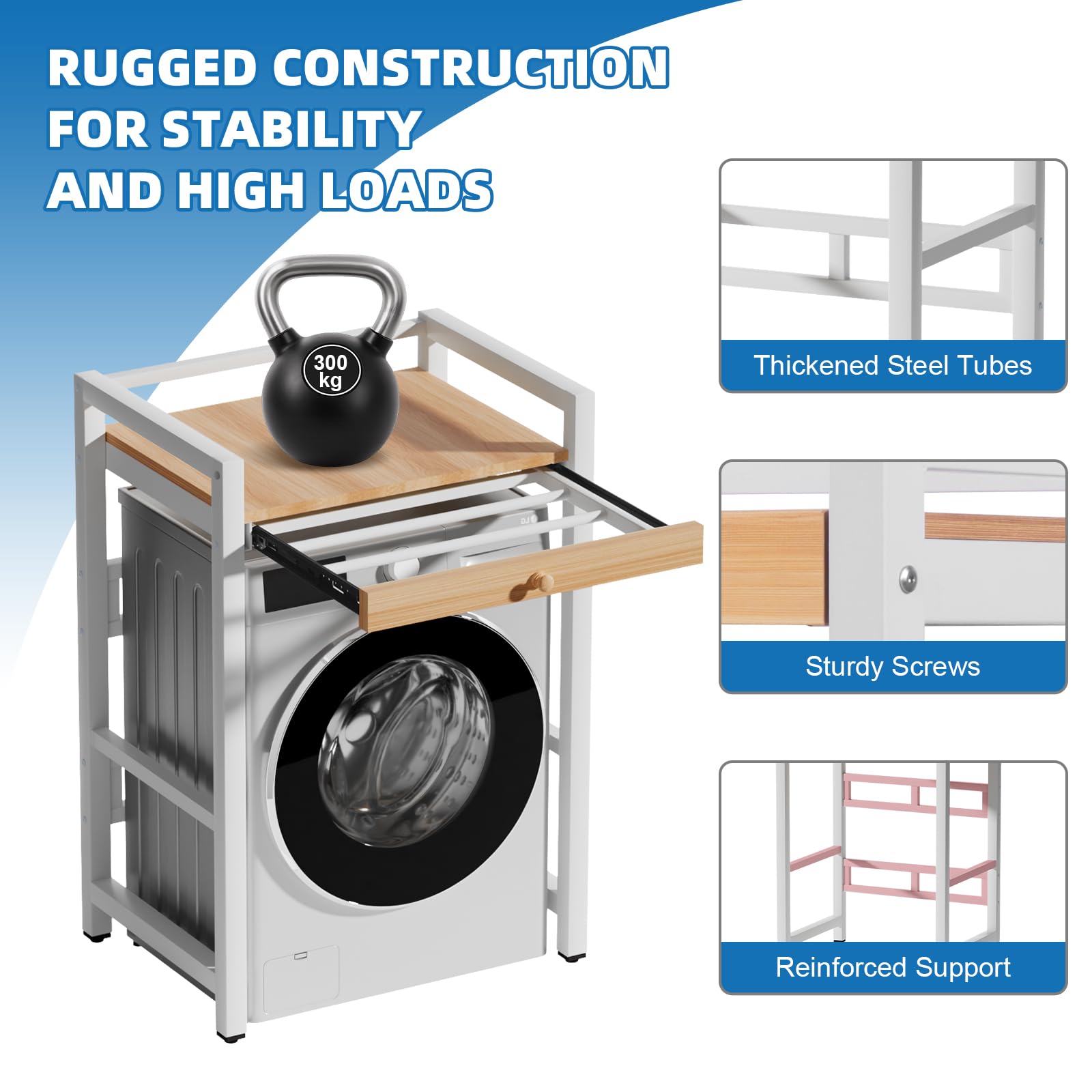Scaffale sopra Lavatrice, Mobile,Unità di Stoccaggio Della Lavatrice,Supporto per Asciugatrice Regolabile in Altezza,per Bagno o Lavanderia,Capacità di Carico 300KG, 73x63x105cm (Bianco 1)