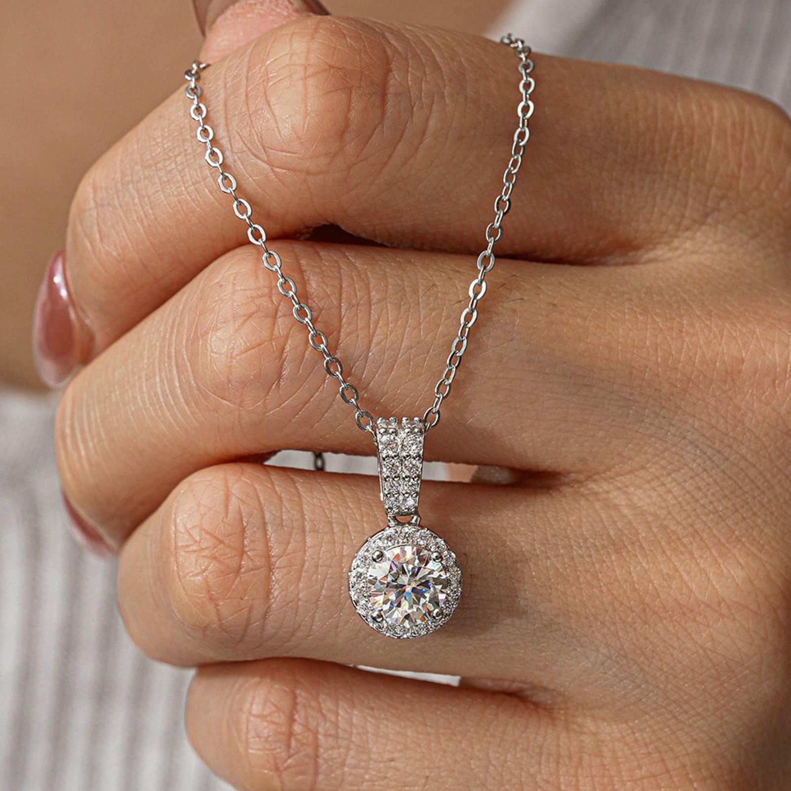Wycian Collana da donna elegante in platino con moissanite DEF, catena halo per lei, 40 + 5 cm