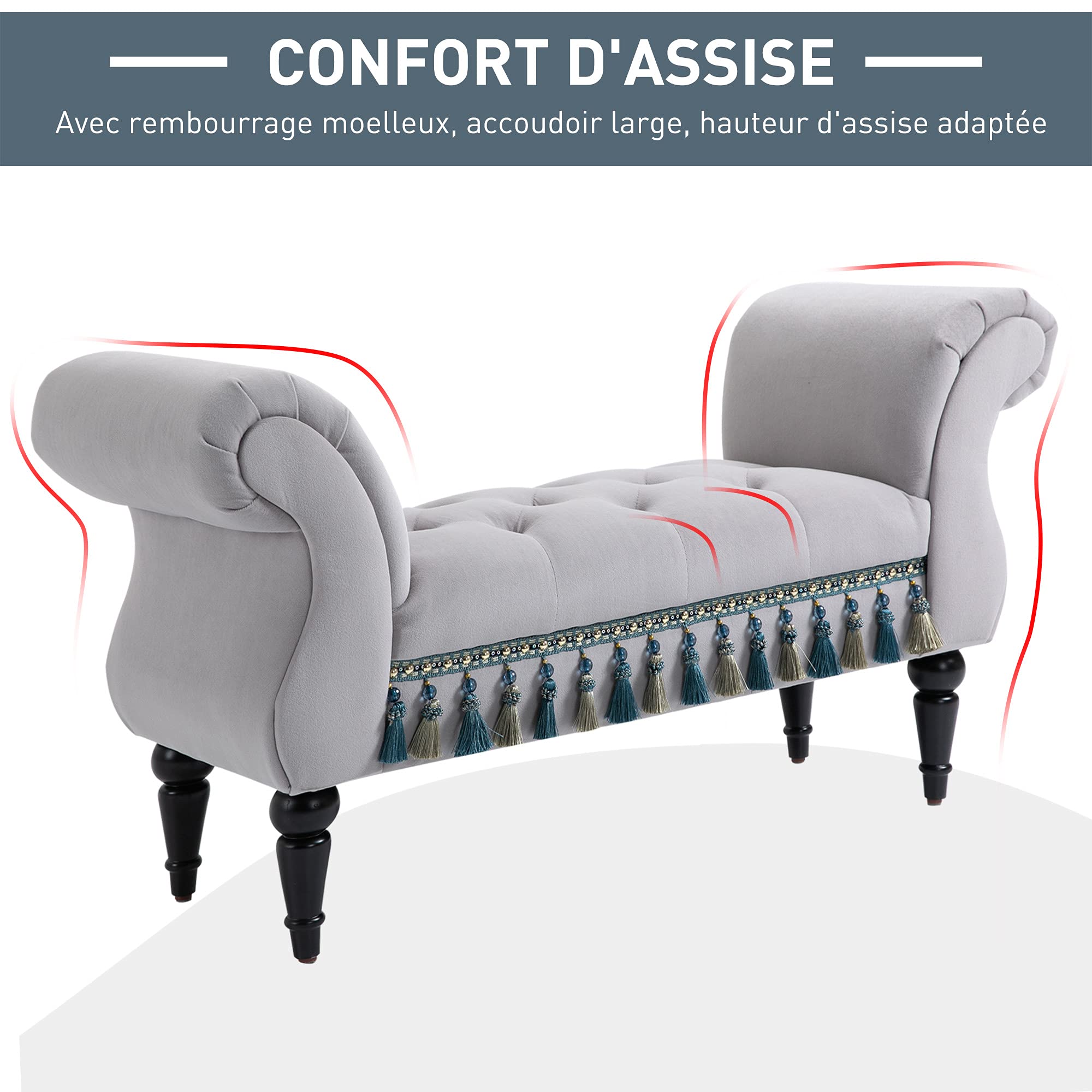HOMCOM - Banco acolchado de terciopelo para cama con reposabrazos, patas de madera de caucho, 40 x 117 x 58 cm, color gris