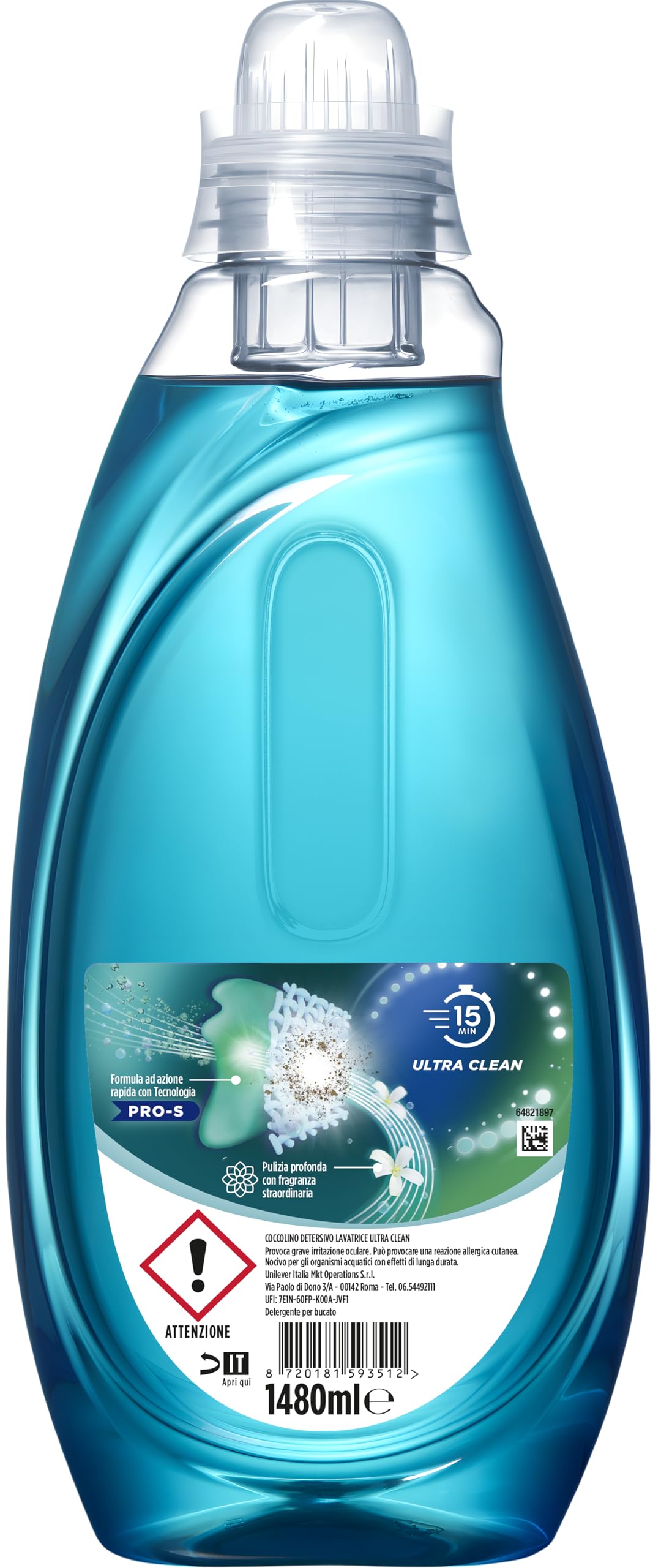 Coccolino Wonder Wash, Detersivo Lavatrice Liquido, Ultra Clean, Efficace nei Cicli Brevi da 15 Minuti, Anche a Freddo, Fragranza che Dura a Lungo, Pulizia Profonda, 37 Lavaggi, 4 Pezzi da 1480 ml