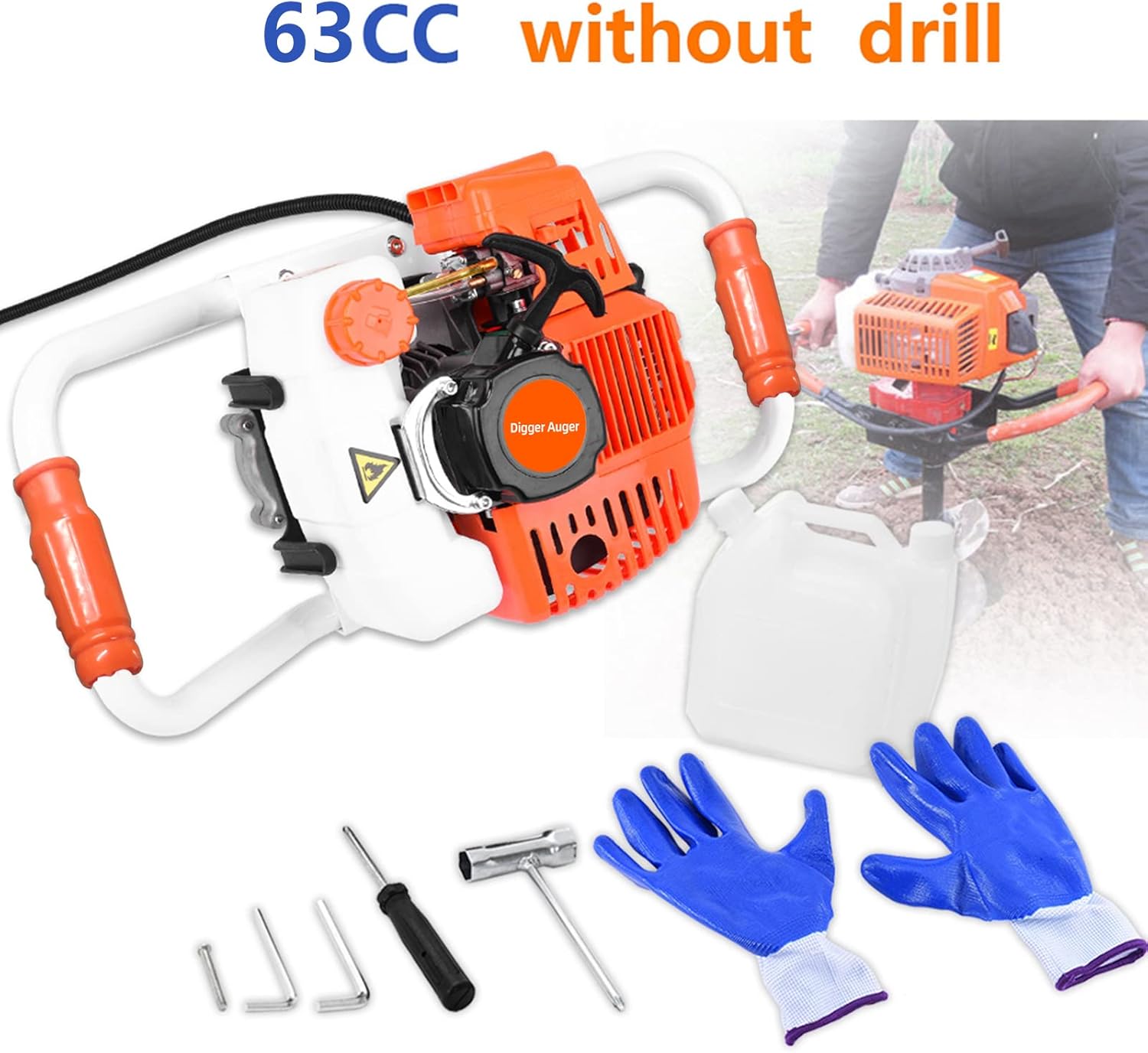 Post Hole Digger, High Efficient Low Voice Switch Control Post Hole Digger Without Drill Bit 63cc Gas Powered Cordless Earth Auger Digger Machine (Orange)