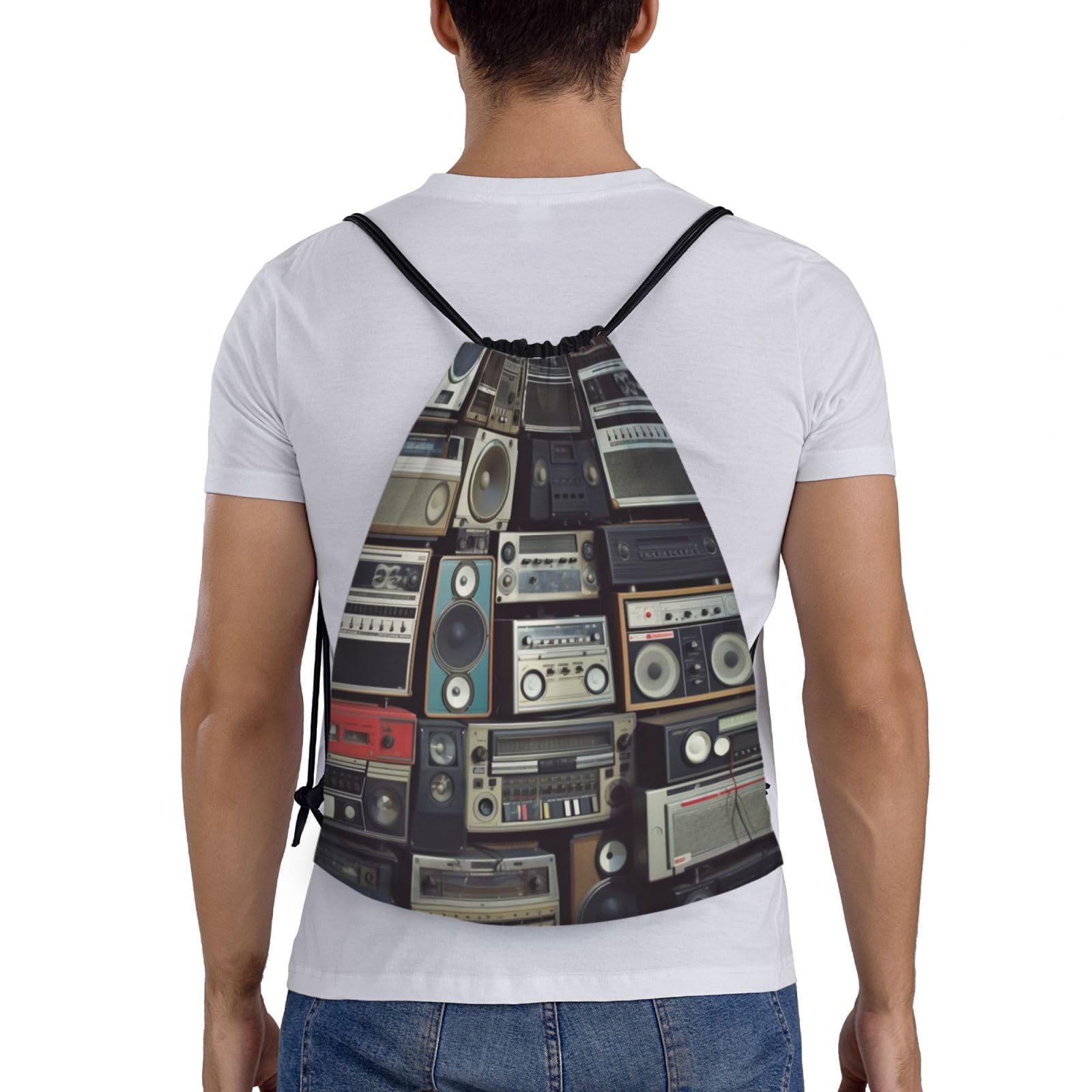 LHBWCVN Vintage Wall of Radio Boombox Drawstring Backpack for Men Gym Bag String Bag Waterproof Drawstring Bag for Women Swim Bag Medium