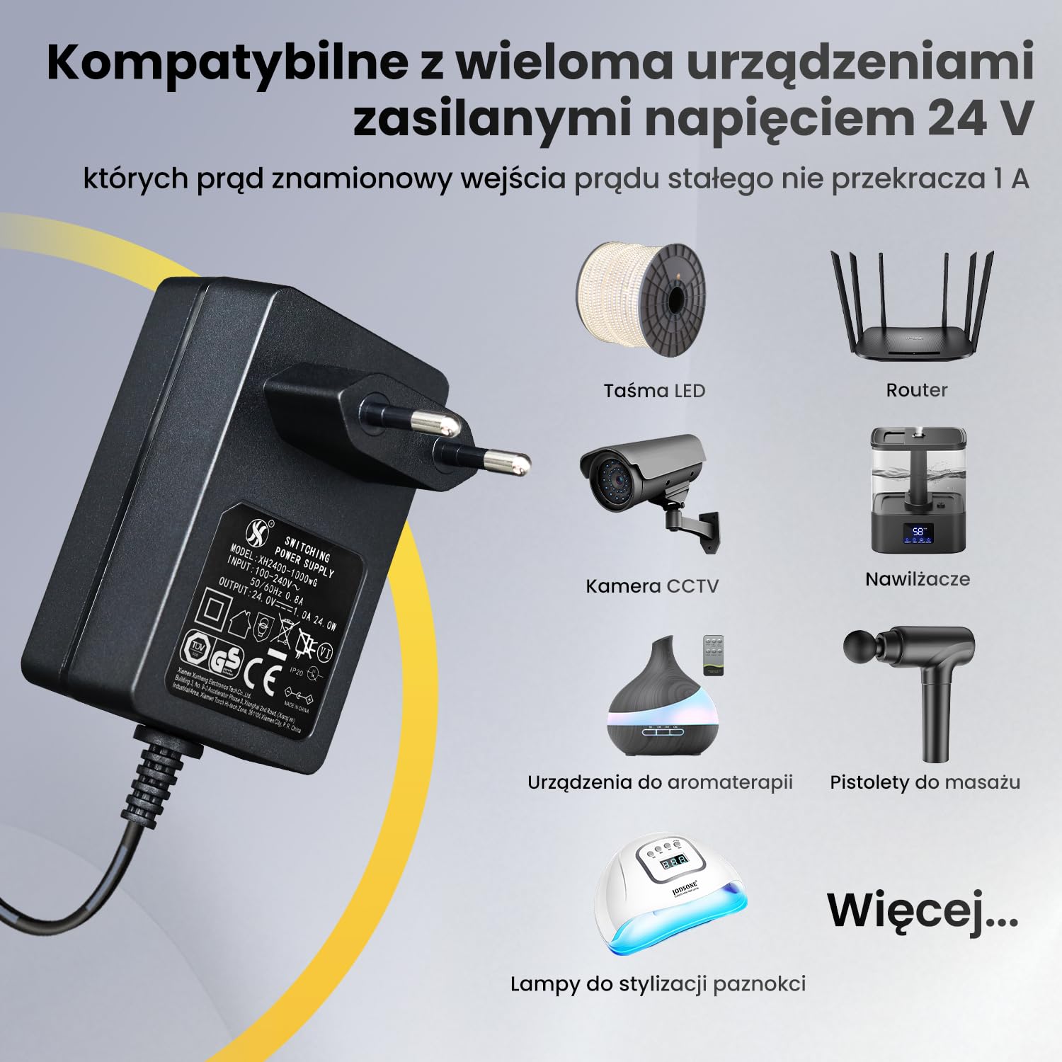 Zasilacz 24 V, 1 A, 24 W, długość 1,8 m, adapter przełącznika AC DC (wejście 100-240 V, wyjście 24 V 1A), gniazdo transformatora do montażu na ścianie DC 24 V 5,5 x 2,1 mm, znak CE